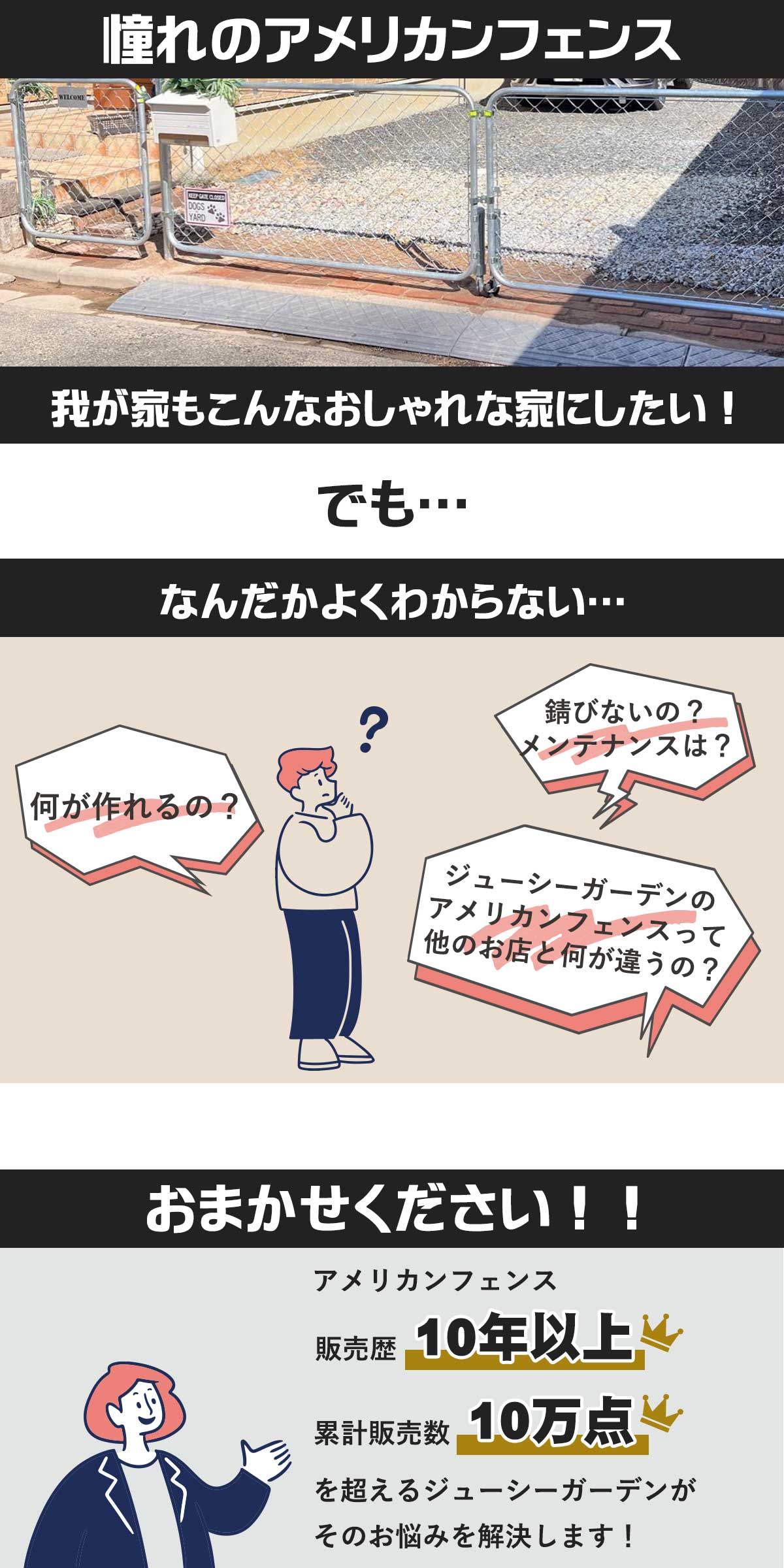 アメリカンフェンスっておしゃれだけどよくわからない。「何が作れるの?」「メンテナンス方法は?」「ジューシーガーデンのアメリカンフェンスは他とどう違うの?」 アメリカンフェンス販売歴10年以上のジューシーガーデンがお悩みを解決します!