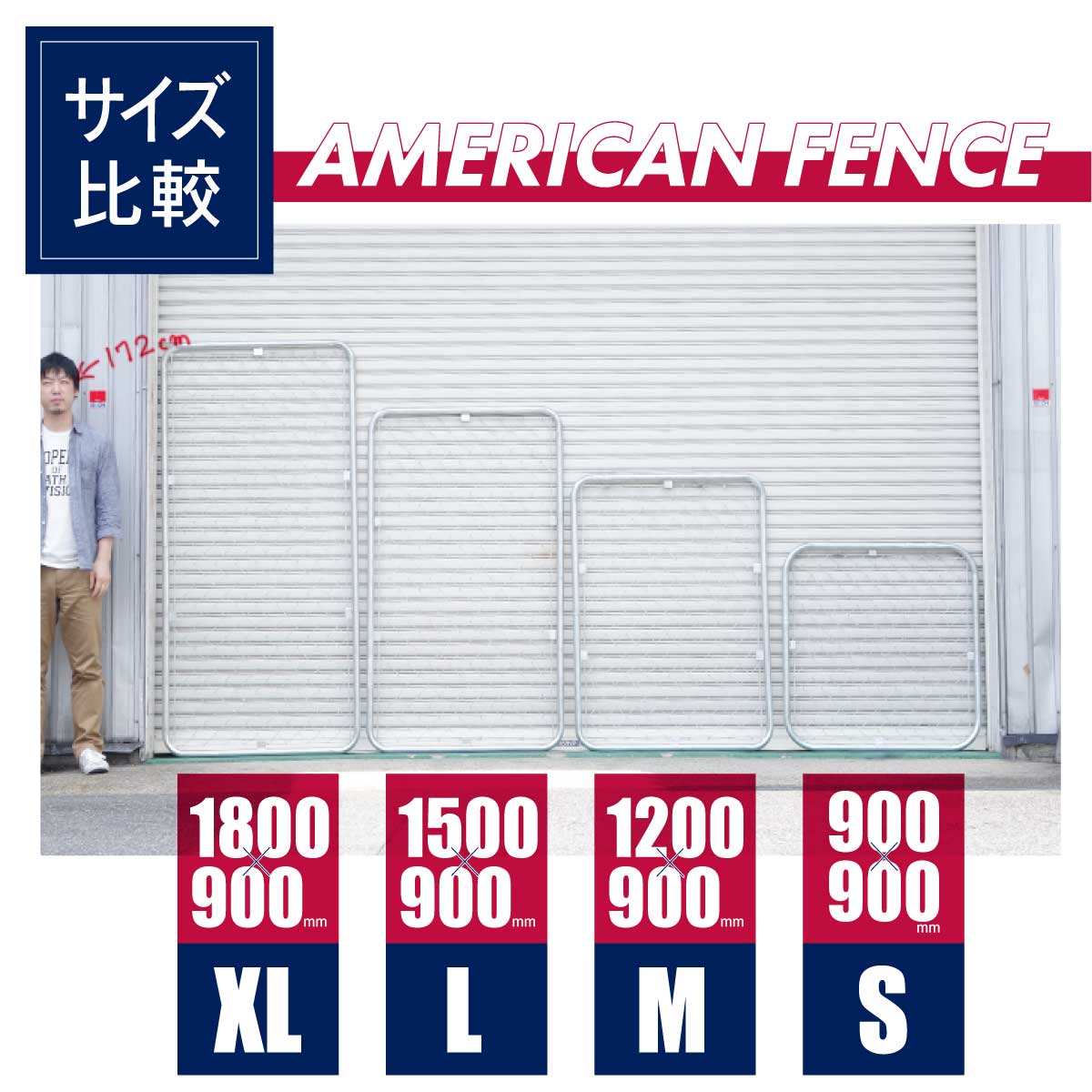 アメリカンフェンスは全部で4種類。Sサイズは900×900mm、Mサイズは1200×900mm、Lサイズは1500×900mm、XLサイズは1800×900mm