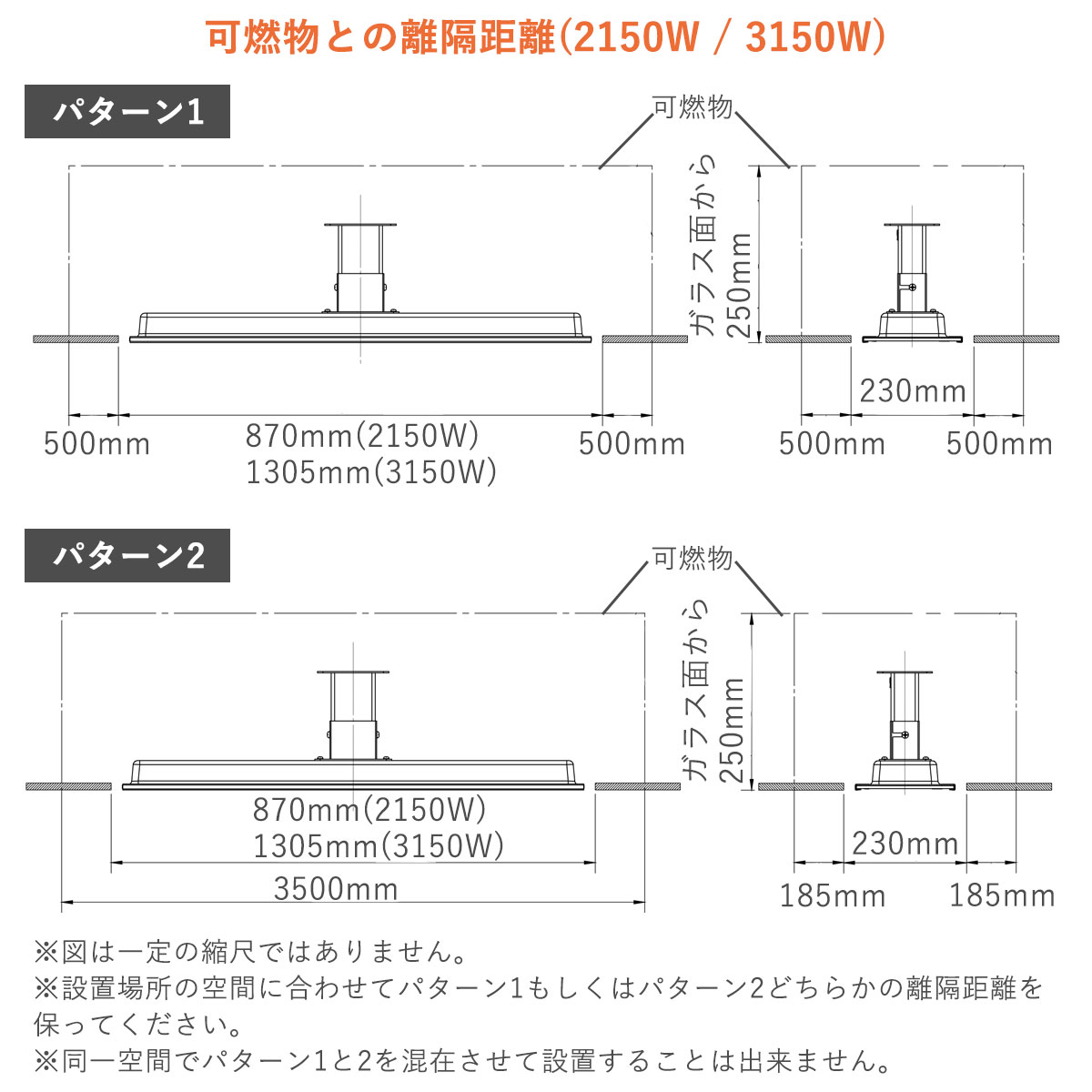 2150Wと3150Wヒーターの可燃物との離隔距離