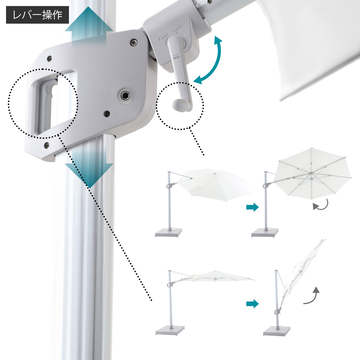 本体のレバーとハンドルを使用することで傘の角度を上下左右に傾けることができます。