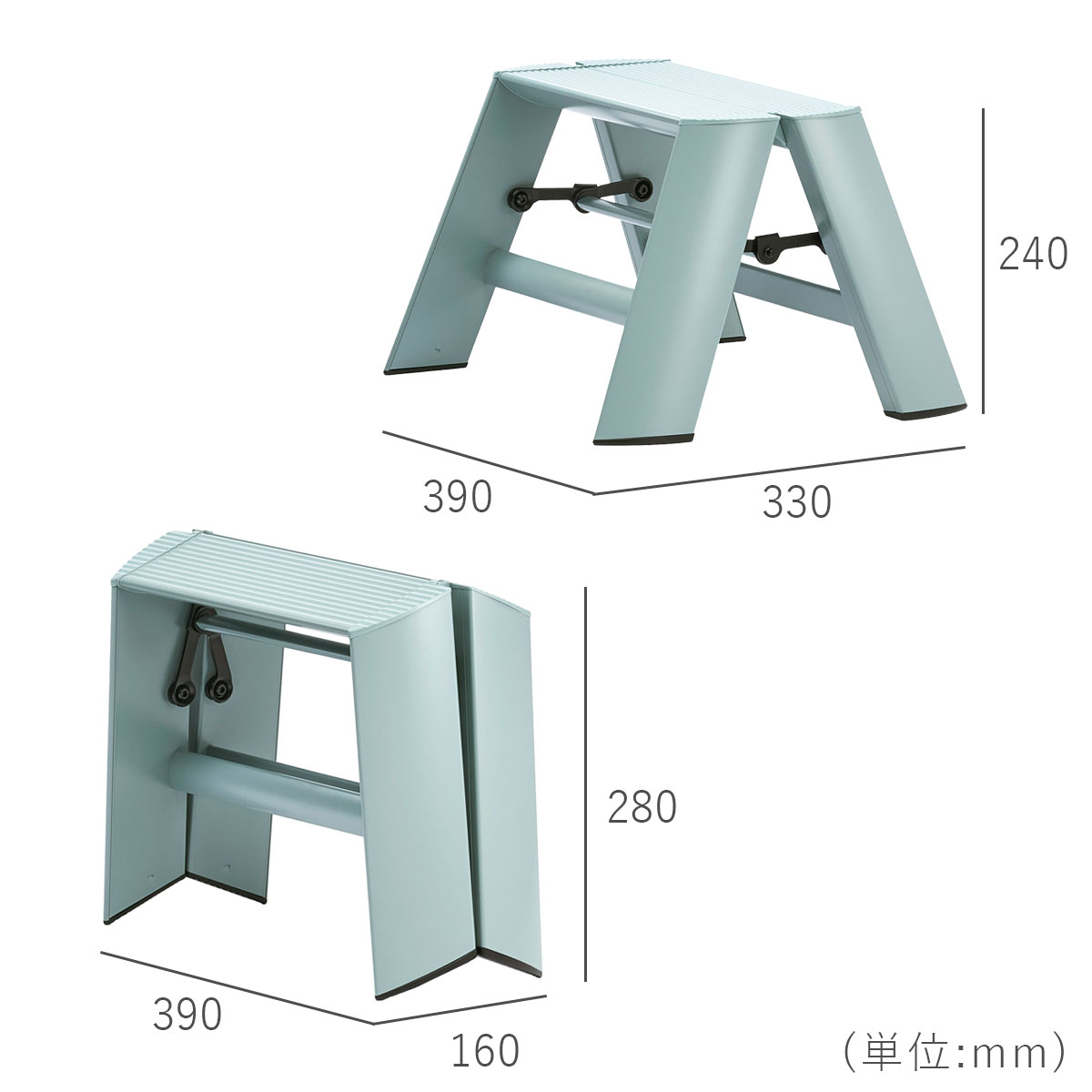 脚立を開いた状態のサイズは横幅390mm、高さ240mm、奥行き330mm。開いた状態の天板サイズは横幅388mm、奥行き155mm。閉じた状態のサイズは横幅390mm、高さ280mm、奥行き160mm。