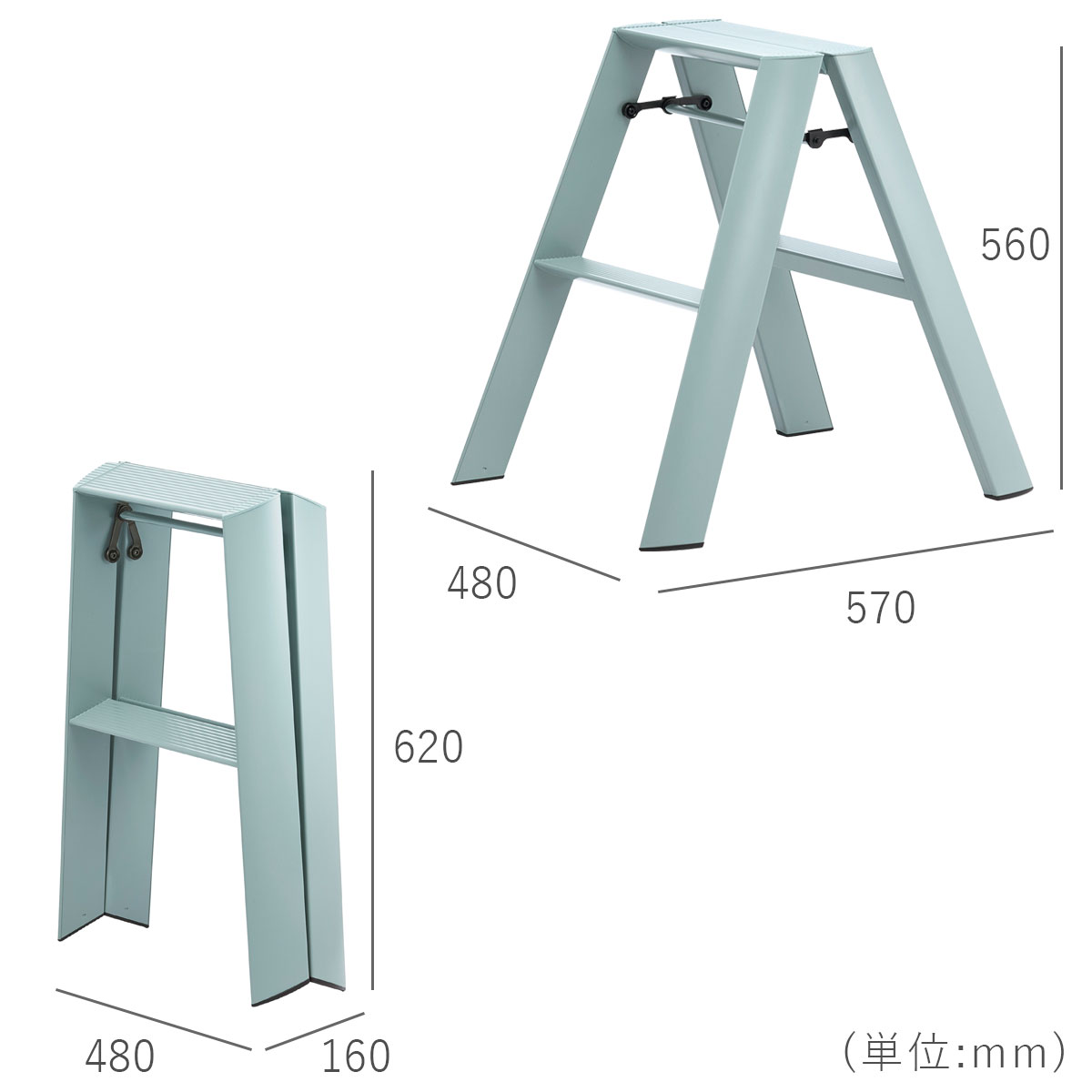 脚立を開いた状態のサイズは横幅480mm、高さ560mm、奥行き570mm。開いた状態の天板サイズは横幅377mm、奥行き155mm。閉じた状態のサイズは横幅480mm、高さ620mm、奥行き160mm。