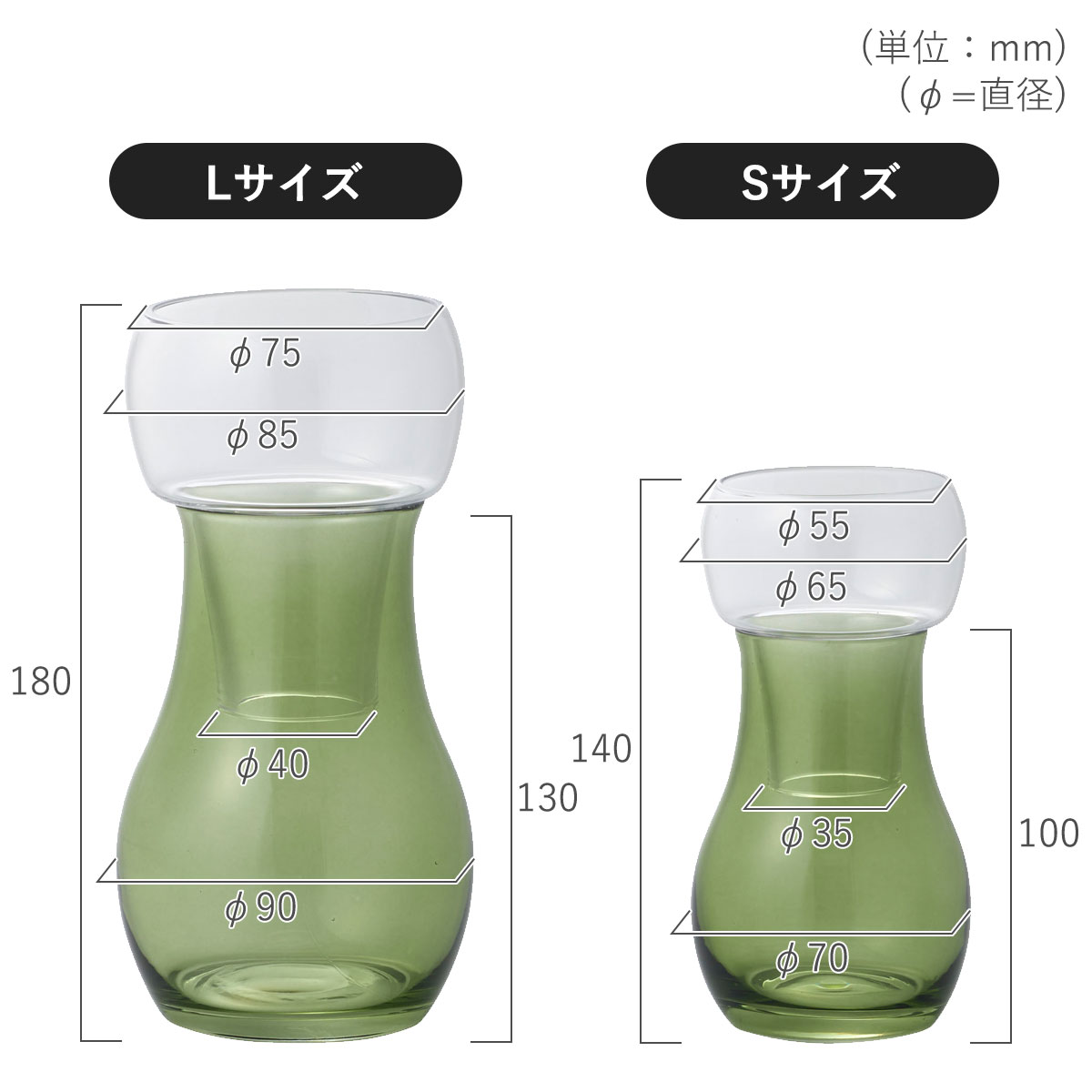 Sサイズの大きさは直径70mm、高さ140mm。Lサイズの大きさは直径90mm、高さ180mm