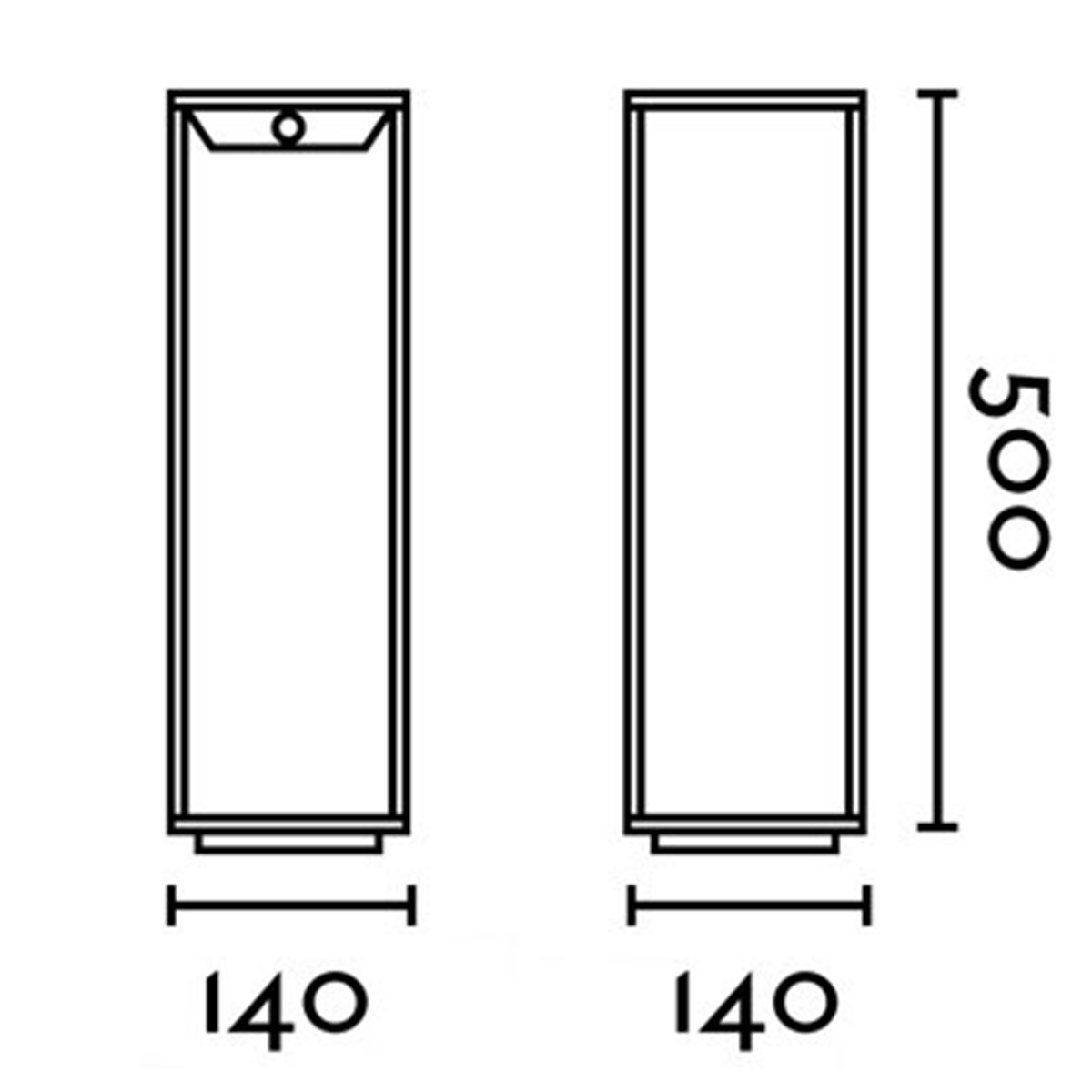 ライトのサイズ。幅140mm、高さ500mm。