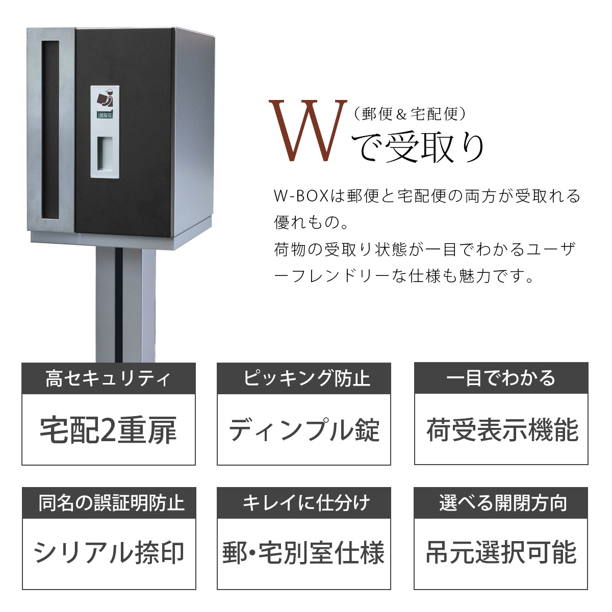 W-BOXは郵便と宅配便の両方が受取れる優れもの。荷物の受取りが一目でわかるユーザーフレンドリーな仕様も魅力です。