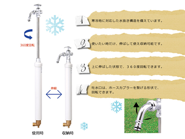寒冷地対応埋め込み水栓「伸縮式立水栓 D-EN デン 呼び長さ0.4M」