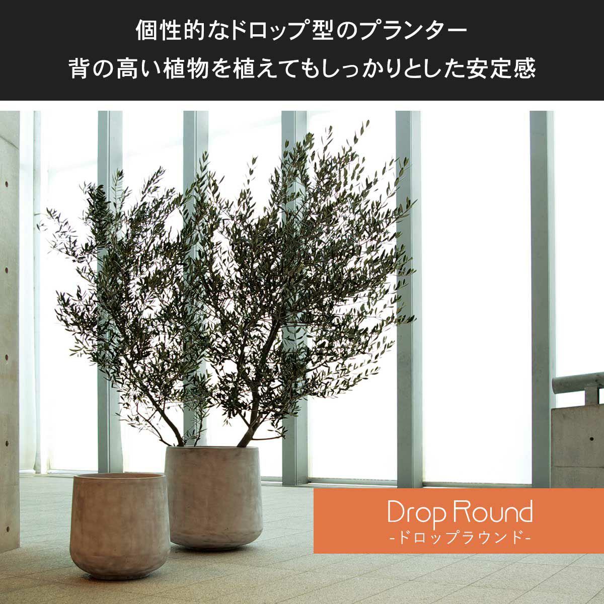 ドロップラウンドシリーズは、鉢の下の方が太くなった個性的なドロップ型のプランターです。背の高い植物を植えてもしっかりとした安定感があります。