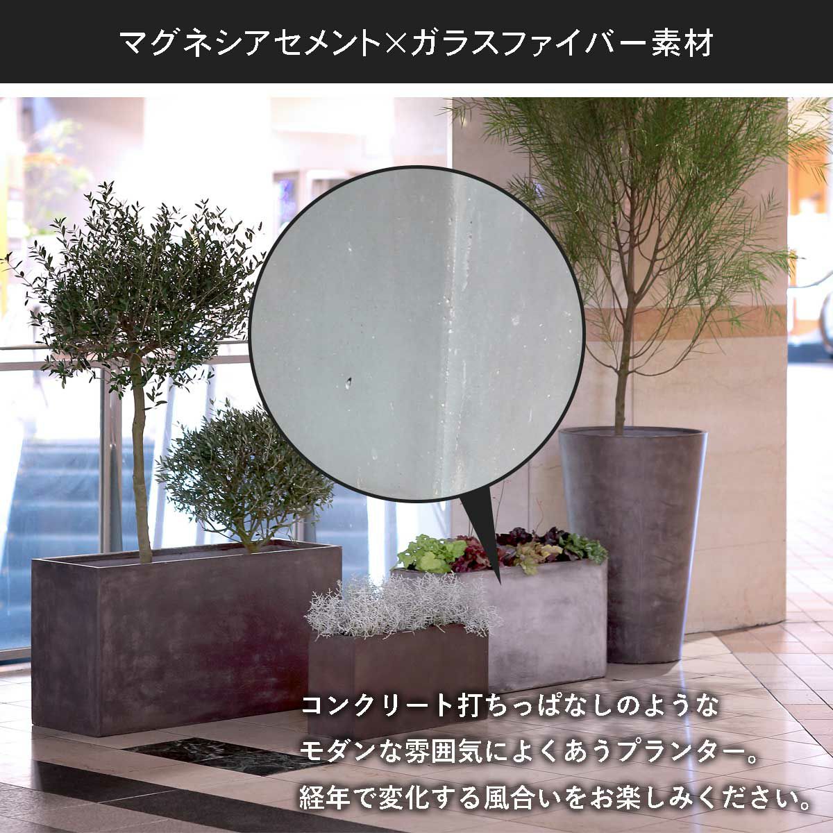 マグネシアセメントにガラスファイバーを練り込んだ素材は、コンクリート打ちっぱなしのようなモダンな雰囲気によく合うプランターです。経年で変化する風合いをお楽しみください。