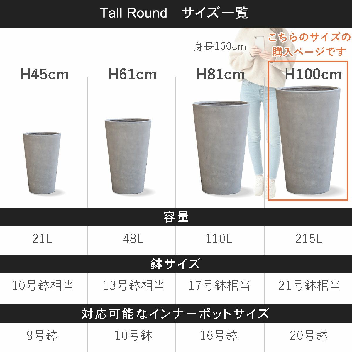 こちらの商品ページはトールラウンド102の購入ページです。容量215L、鉢サイズは21号鉢相当、対応可能なインナーポットサイズは20号鉢程度。