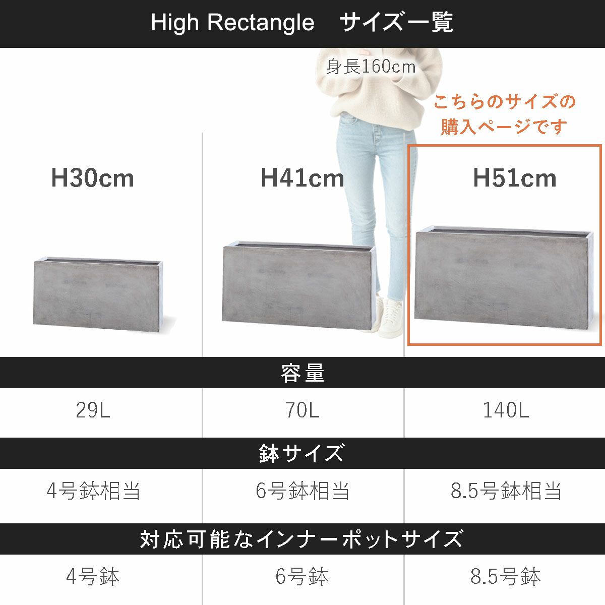 こちらの商品ページはハイレクタングル100の購入ページです。容量140L、鉢サイズは8.5号鉢相当、対応可能なインナーポットサイズは8.5号鉢程度。