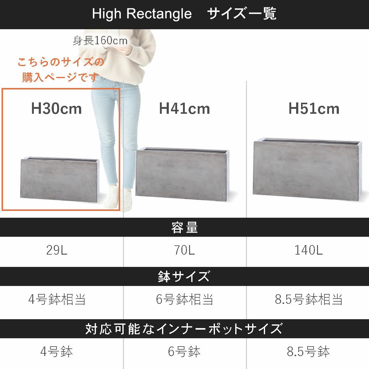 こちらの商品ページはハイレクタングル60の購入ページです。容量29L、鉢サイズは4号鉢相当、対応可能なインナーポットサイズは4号鉢程度。