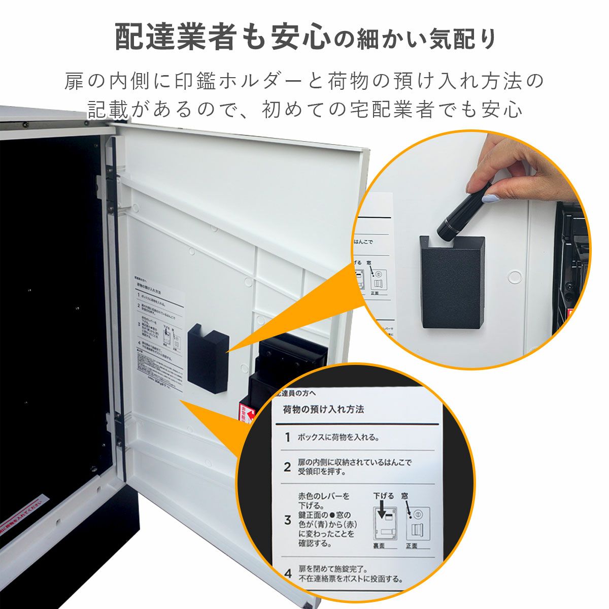 扉の内側に印鑑ホルダーと荷物の預け入れ方法の記載があるので、はじめての配達業者でも安心の親切設計です。
