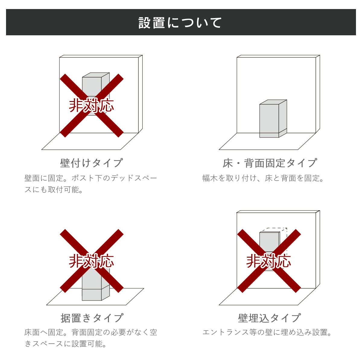 設置について：床・背面固定が可能です。※壁付け、据置き設置、壁埋込はできません