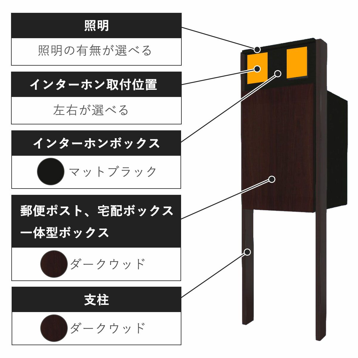 商品のタイプとカラー。照明の有無が選択可能。インターホンの取付位置が左右選択可能。インターホンボックスのカラーはマットブラック、宅配ボックスと支柱のカラーはダークウッド