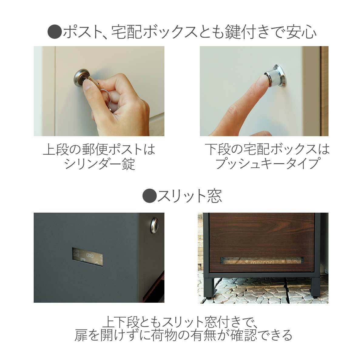 商品仕様の説明。ポスト・宅配ボックスとも鍵付きで安心。上段の郵便ポストはシリンダー錠。下段の宅配ボックスはプッシュキータイプ。上下段ともスリット窓付きで、扉を開けずに荷物の有無が確認できる。