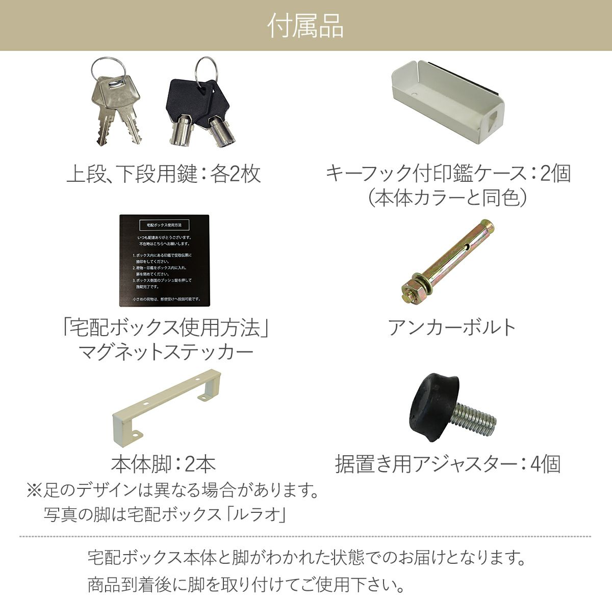 付属品の説明。上下段用鍵各2枚、キーフック付印鑑ケース2個、宅配ボックス使用方法のマグネットステッカー、アンカーボルト、本体脚2本、据置き用アジャスター4個。宅配ボックス本体と脚がわかれた状態でのお届けとなります。