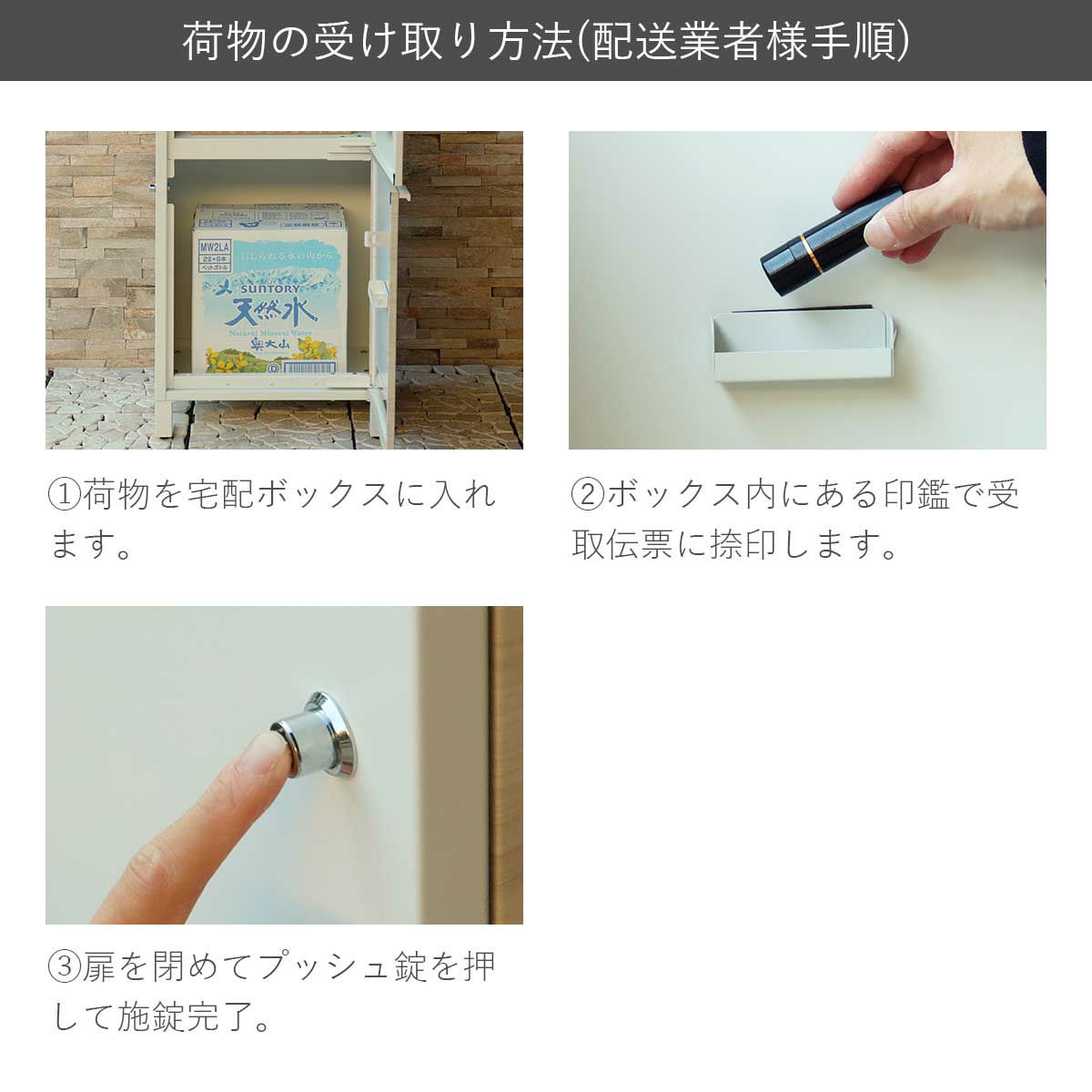 配送業者様向け荷物の受け取り方。荷物を宅配ボックスに入れ、ボックス内にある印鑑で受取伝票に捺印し、扉を閉めてプッシュプル錠を押して施錠完了
