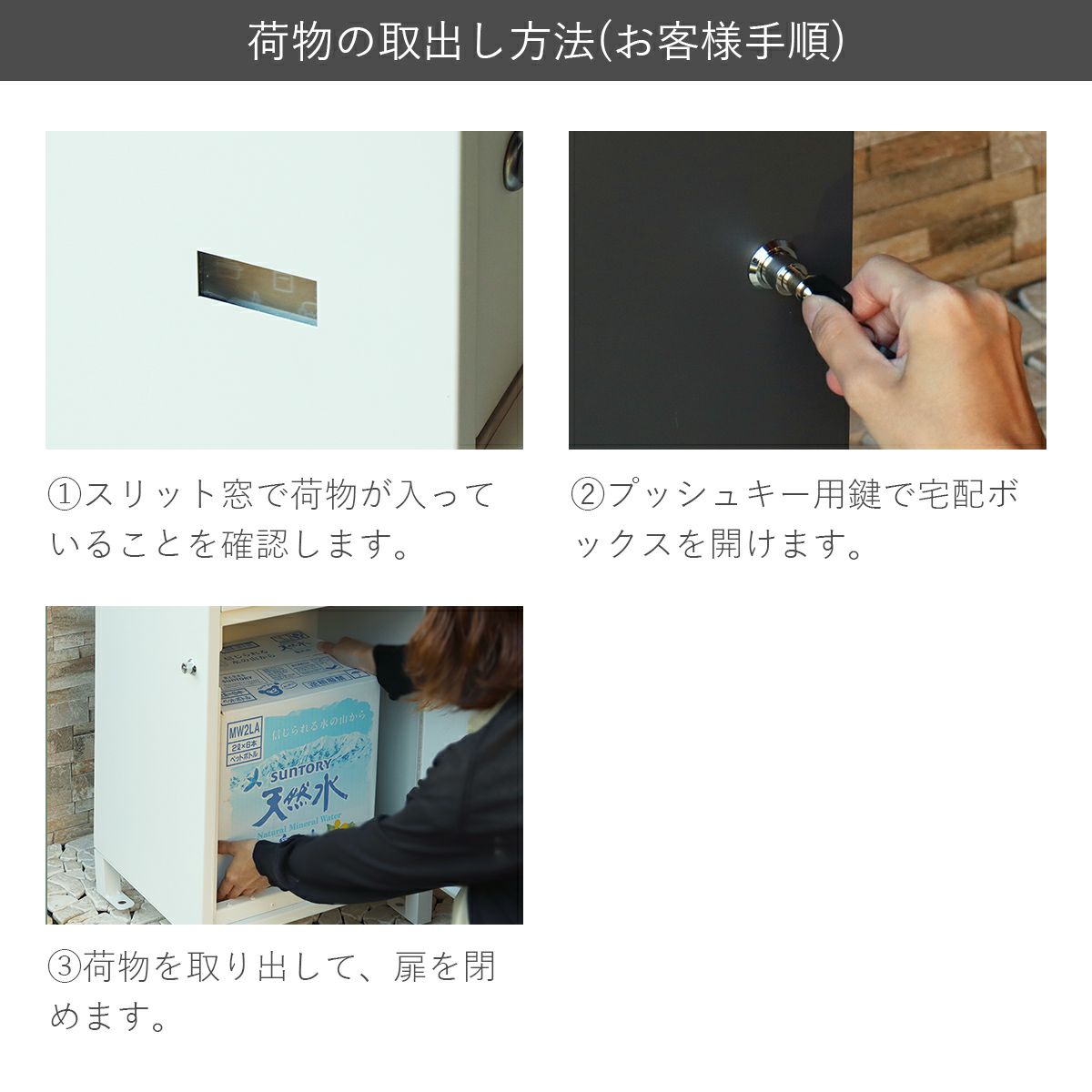 お客様向け取出し方法。スリット窓で荷物が入っていることを確認し、プッシュキー用鍵で宅配ボックスを開け、荷物を取り出して扉を閉めます。