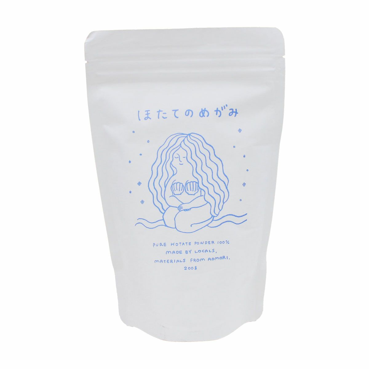 内容量200g。原材料名 青森県産ホタテ貝殻。開封後は高温多湿を避けて密封保管してください