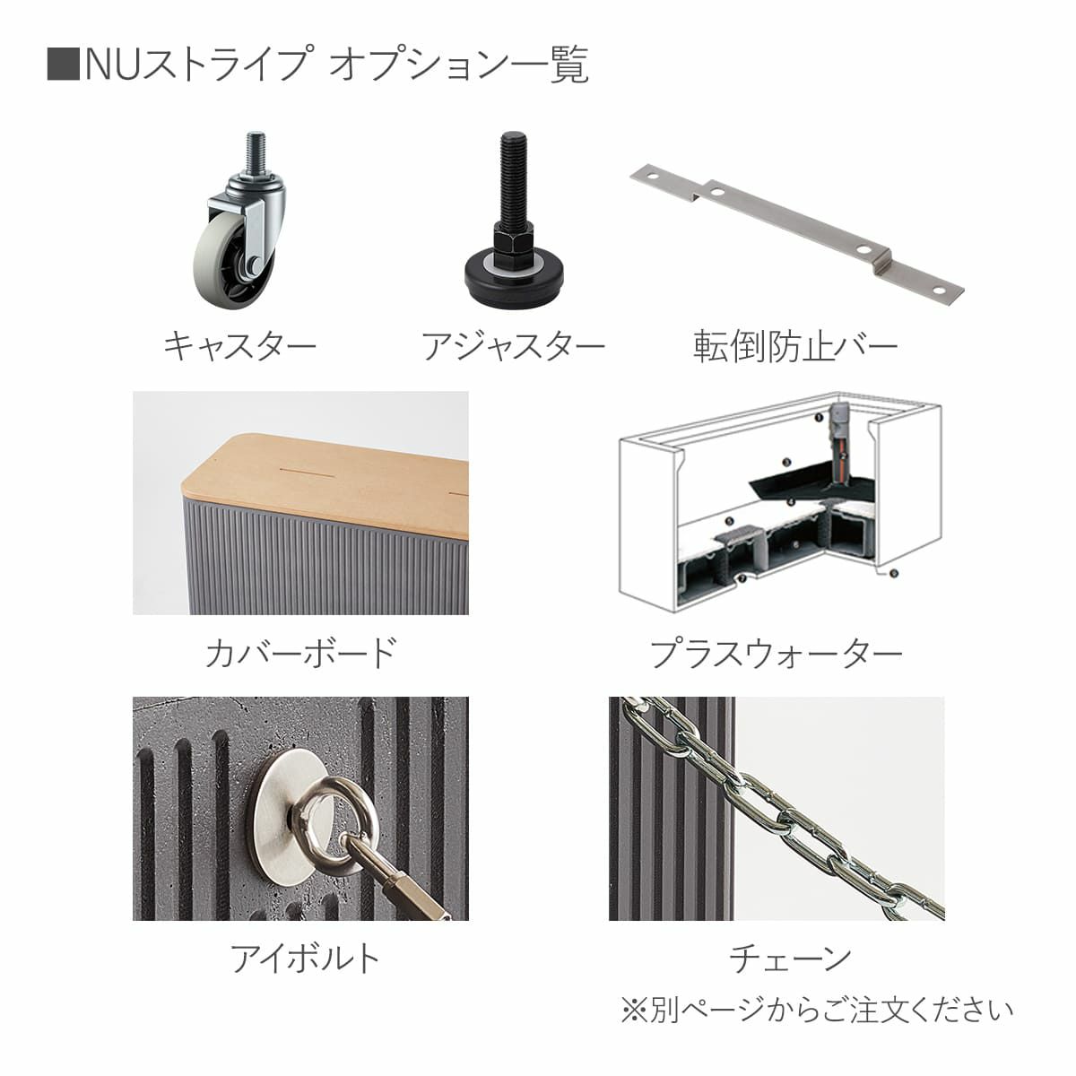 NUストライプオプション一覧。キャスター。アジャスター。転倒防止バー。カバーボード。プラスウォーター。アイボルト。チェーン。別ページからご注文ください。