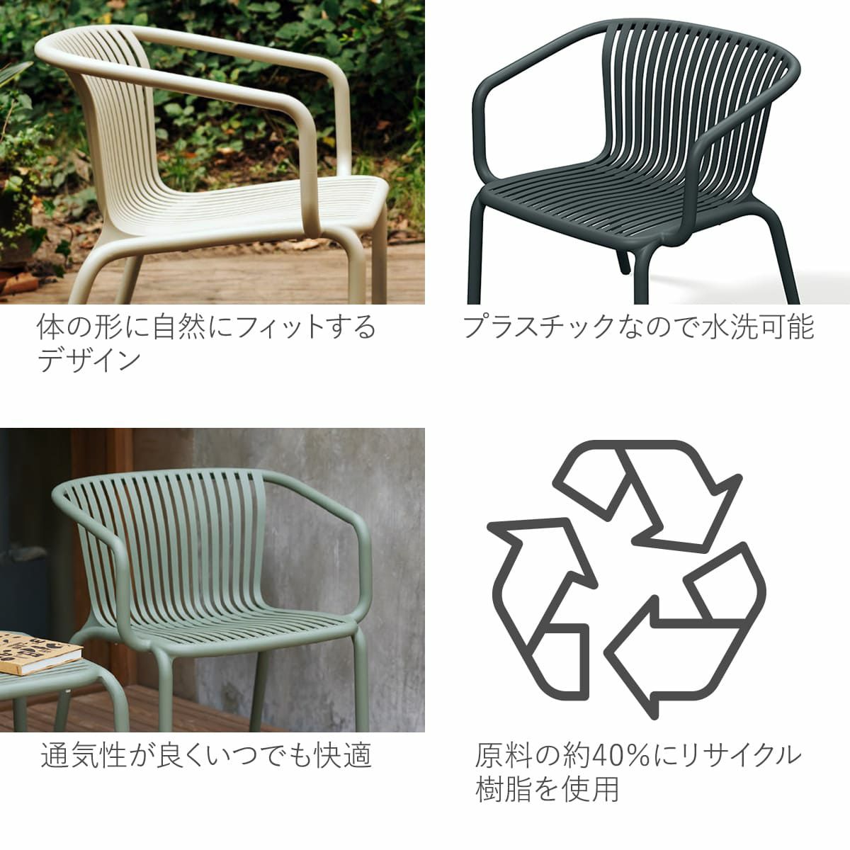 体の形に自然にフィットするデザインです。プラスチックなので水洗可能です。通気性が良くいつでも快適に使用できます。原料の約40％にリサイクル樹脂を使用しています。