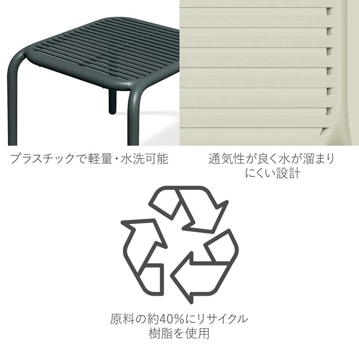 プラスチック製で軽量、水洗可能可能です。通気性が良く、水が溜まりにくい設計です。原料の約40％にリサイクル樹脂を使用しています。