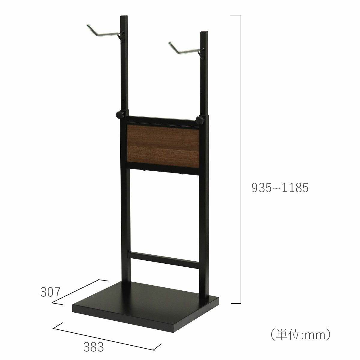 商品サイズ。横幅383mm、奥行き307mm、高さ935～1185mm。