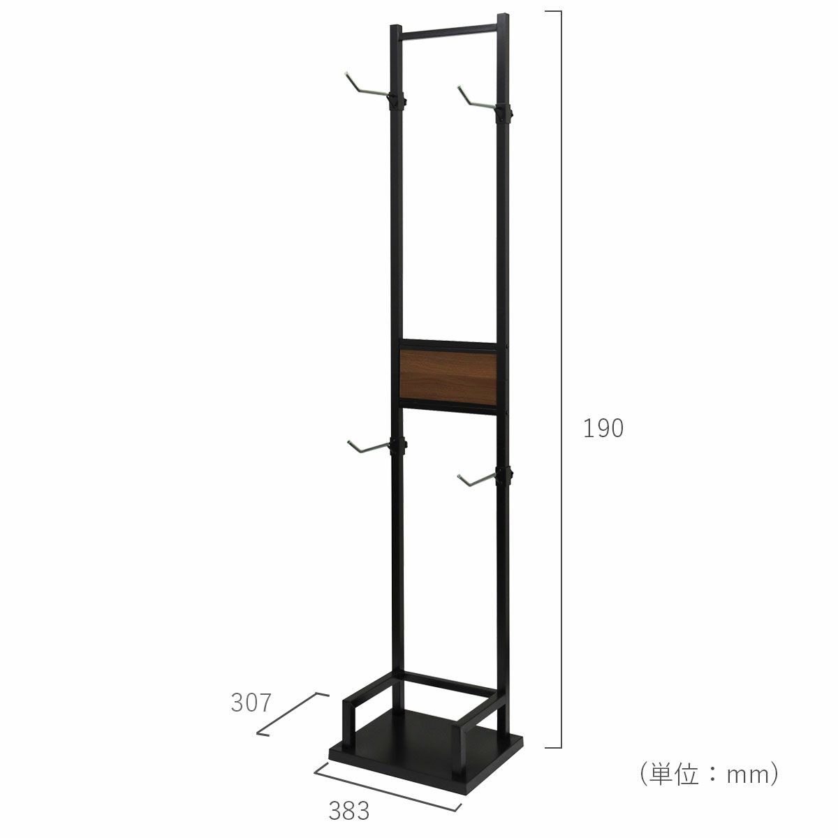 商品サイズ。横幅383mm、奥行き307mm、高さ1900mm。