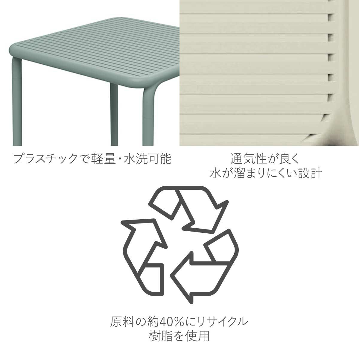 プラスチック製で軽量、水洗可能です。通気性が良く、水が溜まりにくい設計です。原料の約40％にリサイクル樹脂を使用しています。