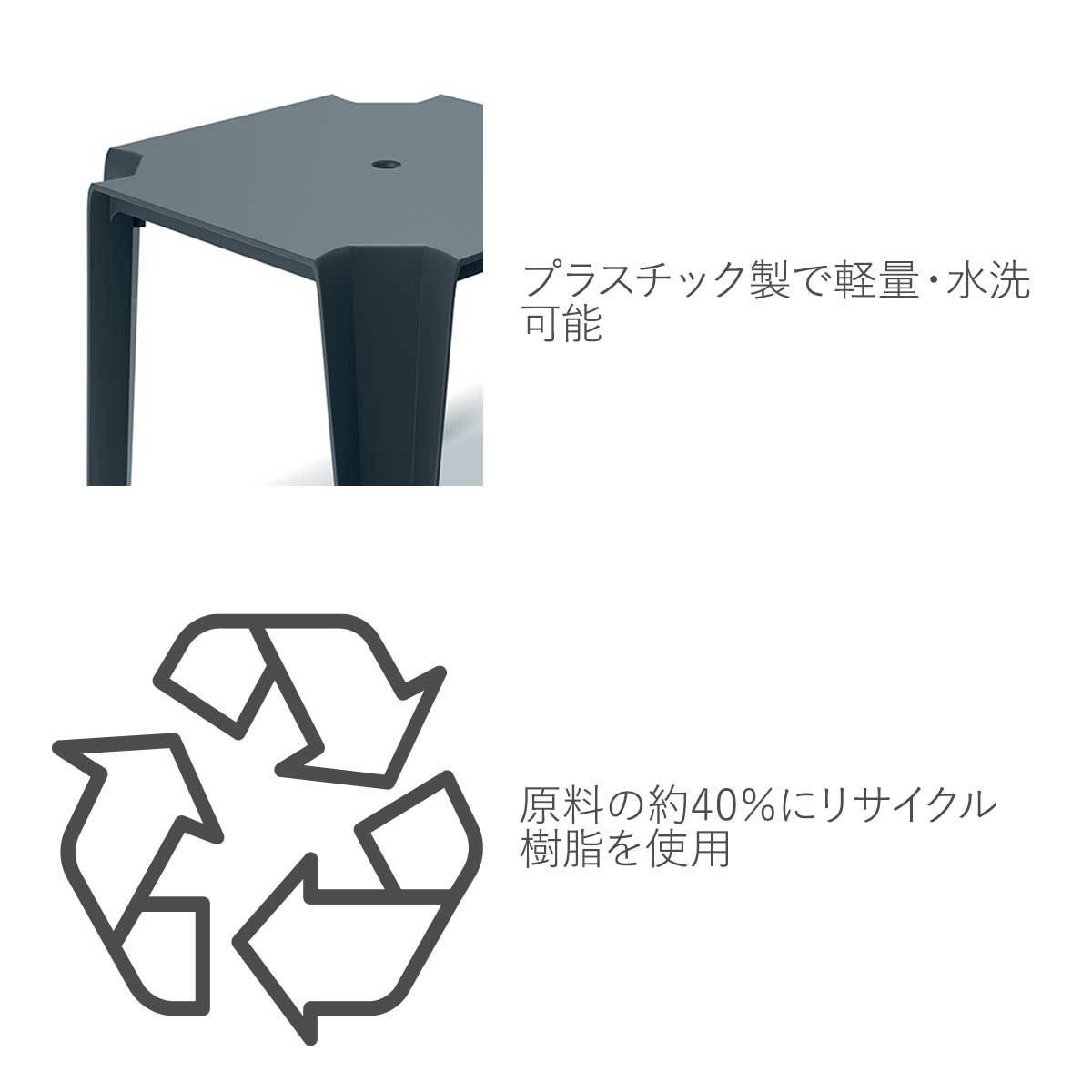 プラスチックなので軽量で水洗可能です。原料の約40％にリサイクル樹脂を使用しています。