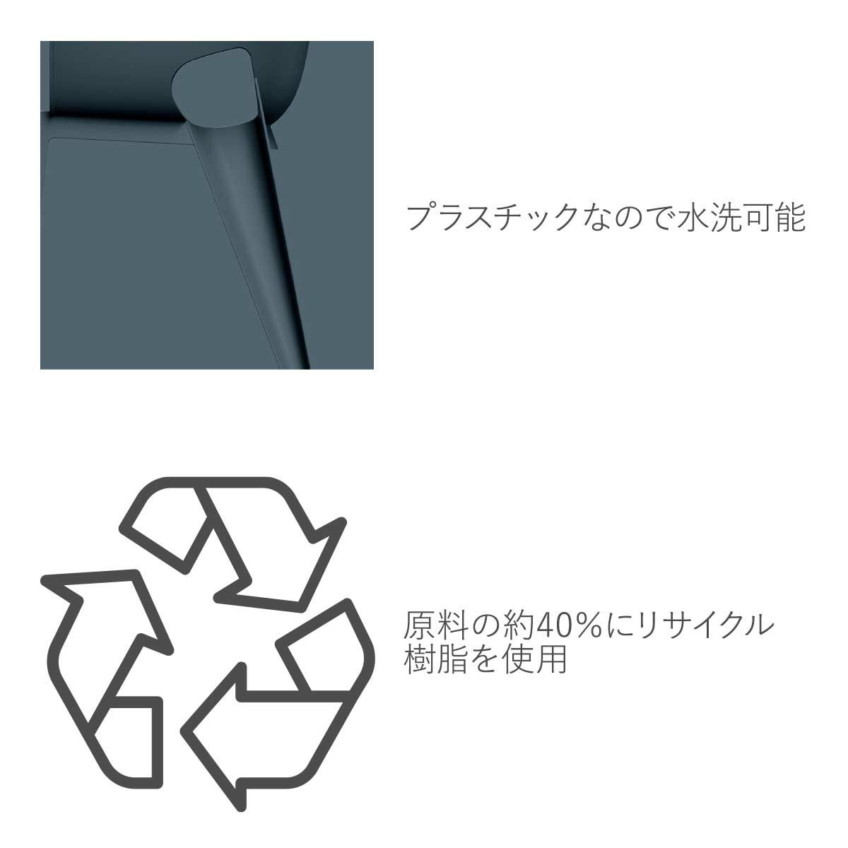 プラスチックなので水洗可能です。原料の約40％にリサイクル樹脂を使用しています。