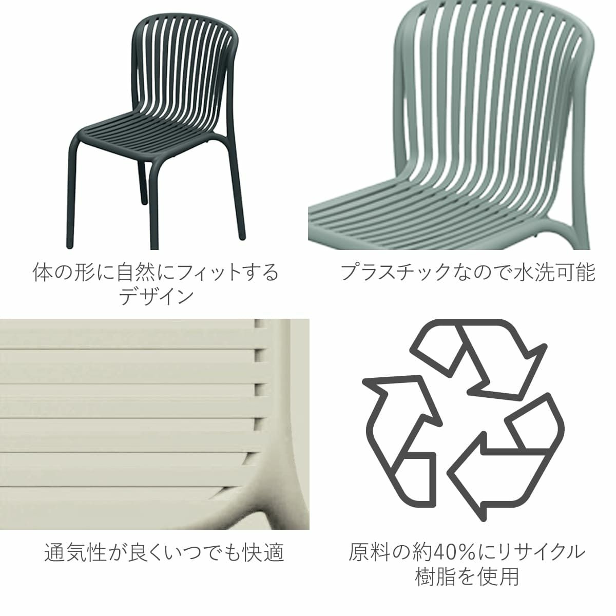 体の形に自然にフィットするデザイで通気性が良くいつでも快適。プラスチックなので水洗可能です。原料の約40％にリサイクル樹脂を使用しています。