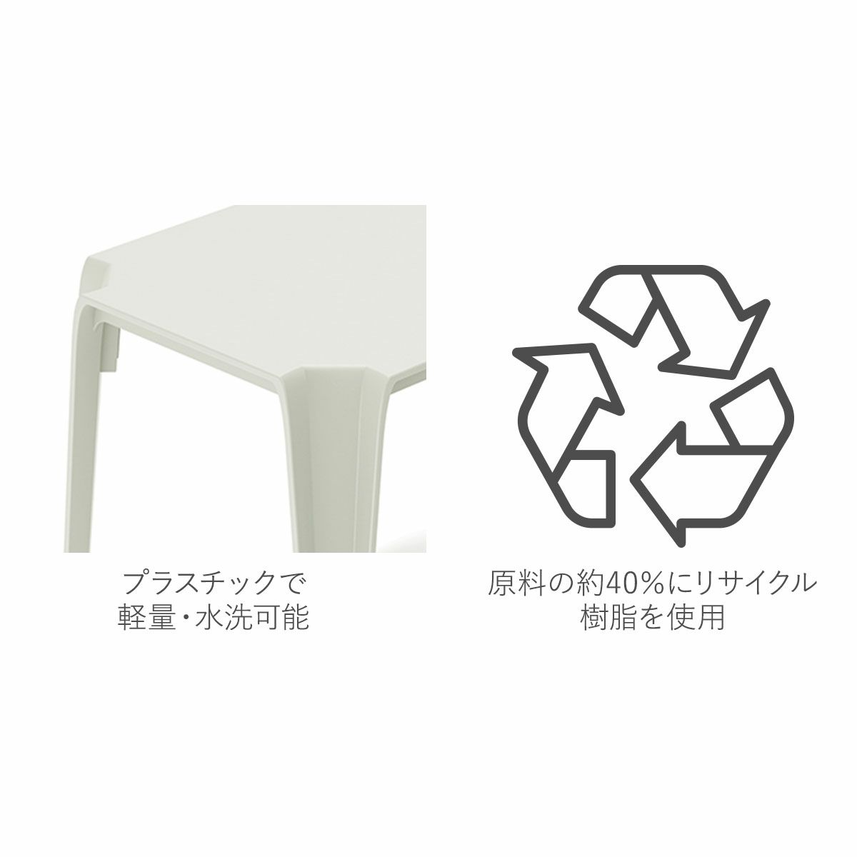 プラスチック製で軽量・水洗可能です。原料の約40％にリサイクル樹脂を使用しています。