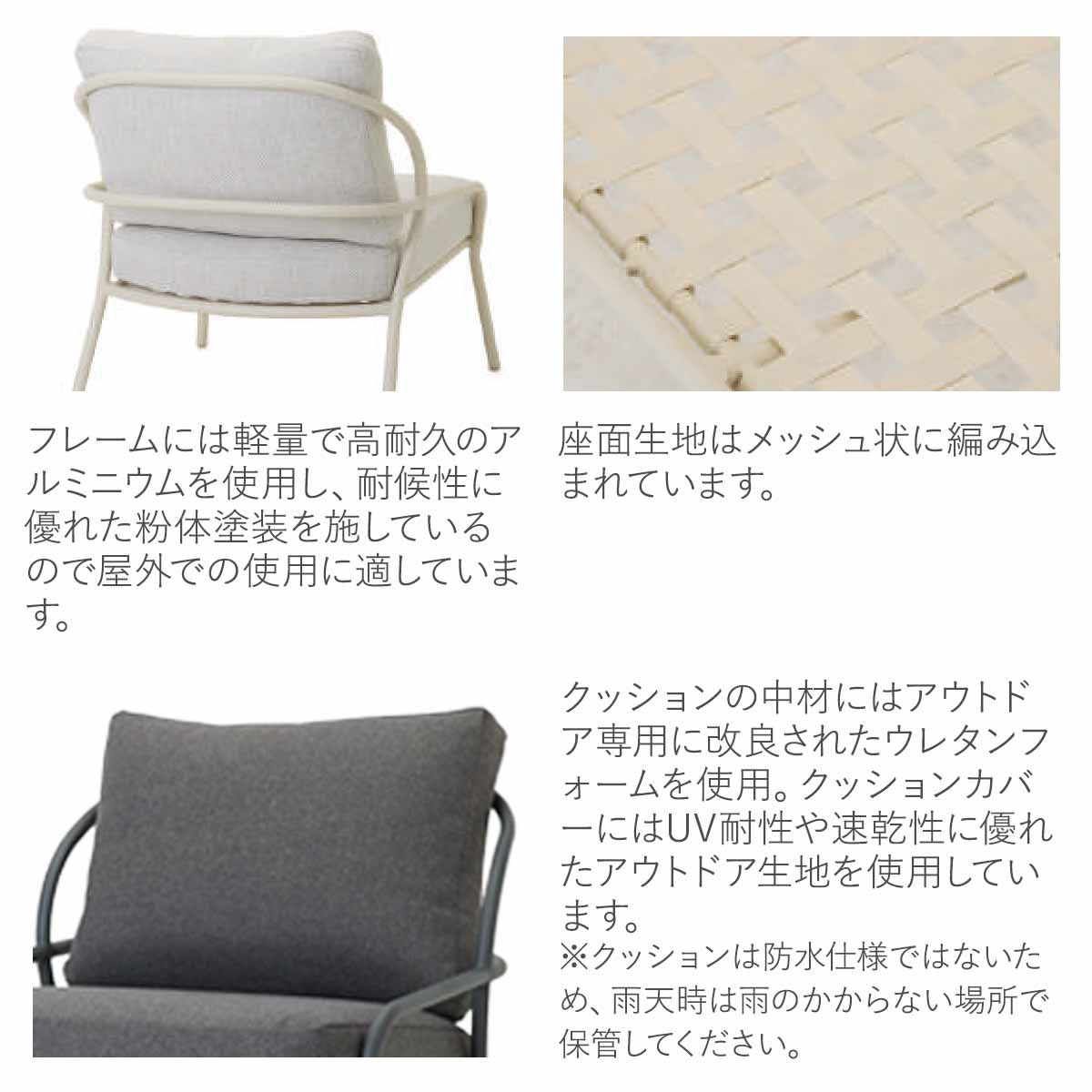 フレームは軽量で高耐久のアルミニウムです。耐候性に優れた粉体塗装を施しているので屋外での使用に適しています。クッションの中材とカバーも屋外用です。座面生地はメッシュ状に編み込まれています。