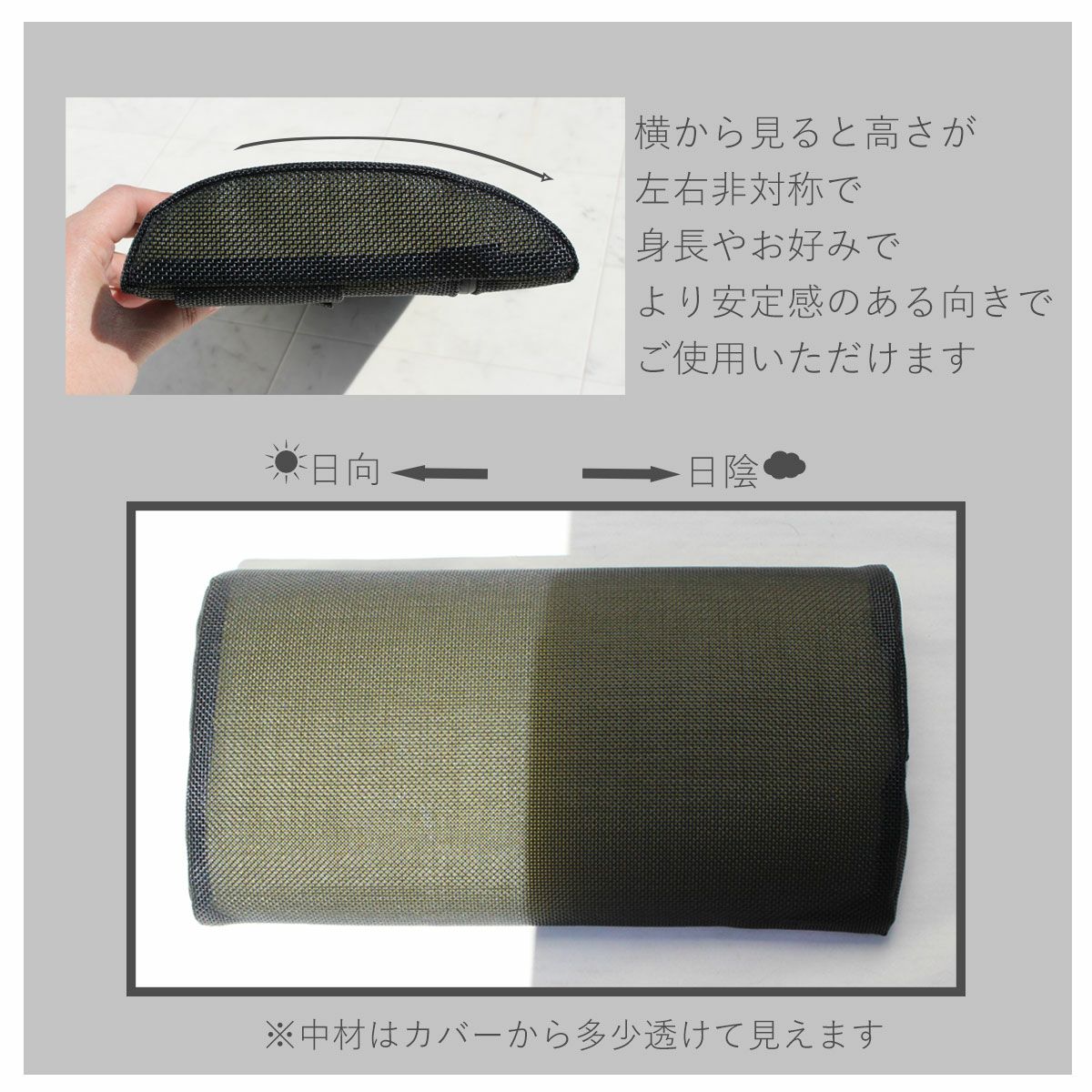 商品サイズ。クッション部分は横340mm、縦180mm、高さ60mm、ベルト部分は片側約320mmで面ファスナーは横160mm