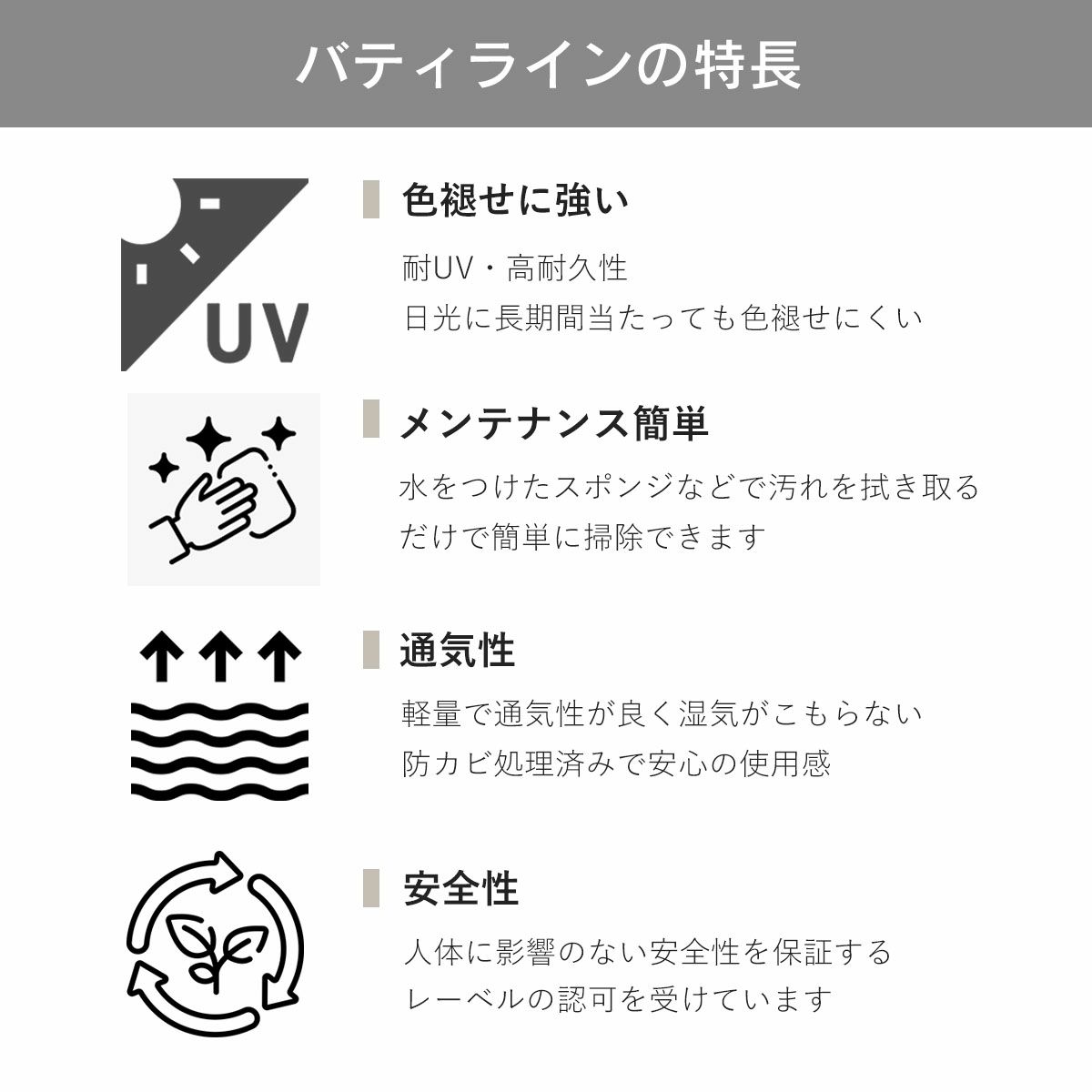バティラインの特長。色褪せに強い。耐UV・高耐久性。日光に長期間に当たっても色褪せしにくい。メンテナンス簡単。水をつけたスポンジなどで汚れを拭き取るだけで簡単に掃除できます。通気性。軽量で通気性が良く湿気がこもらない。防カビ処理済みで安心の使用感。