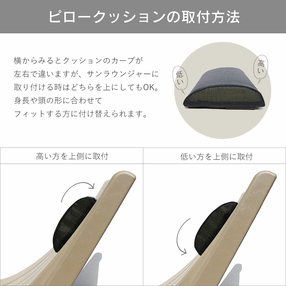 ピロークッションの取付方法。横からみるとクッションのカーブが左右で違いますが、サンラウンジャーに取り付ける時はどちらを上にしてもOK。身長や頭の形に合わせてフィットする方に付け替えられます。