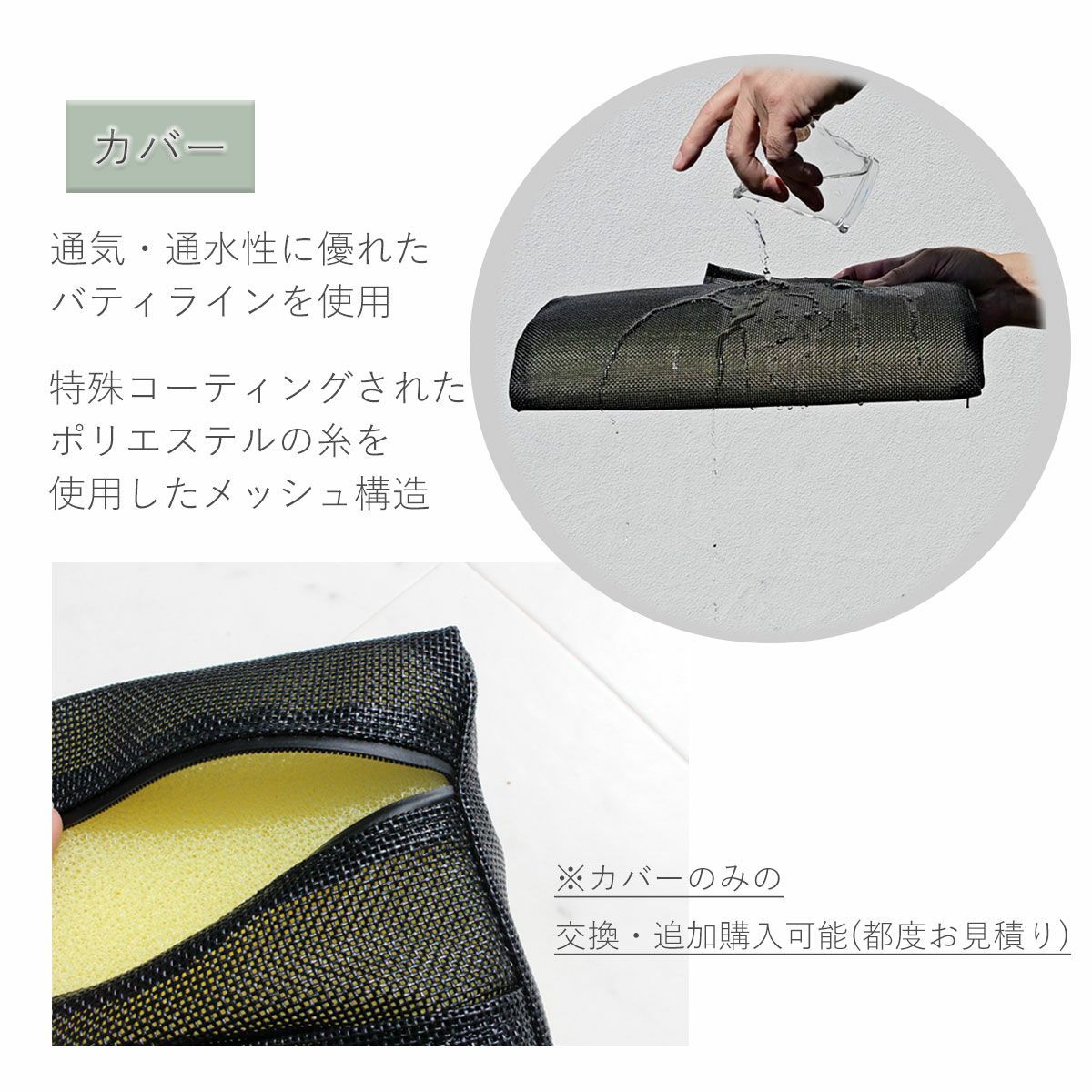 クッションカバーの説明。通水・通気性のよいバティラインを使用