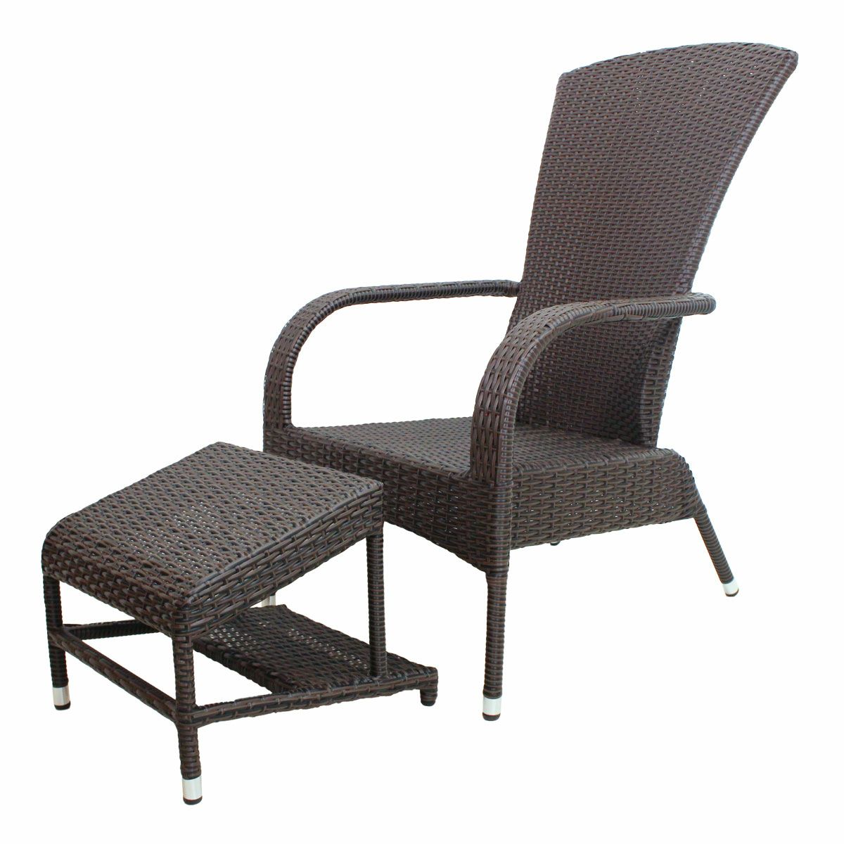 レックレストにもフットレストにもなるジューシーガーデンオリジナル屋外用の2WAYオットマンと背もたれが高めのととのい椅子の2点セット。人工ラタンとアルミフレームなので軽量で持ち運びも簡単。水洗可能。