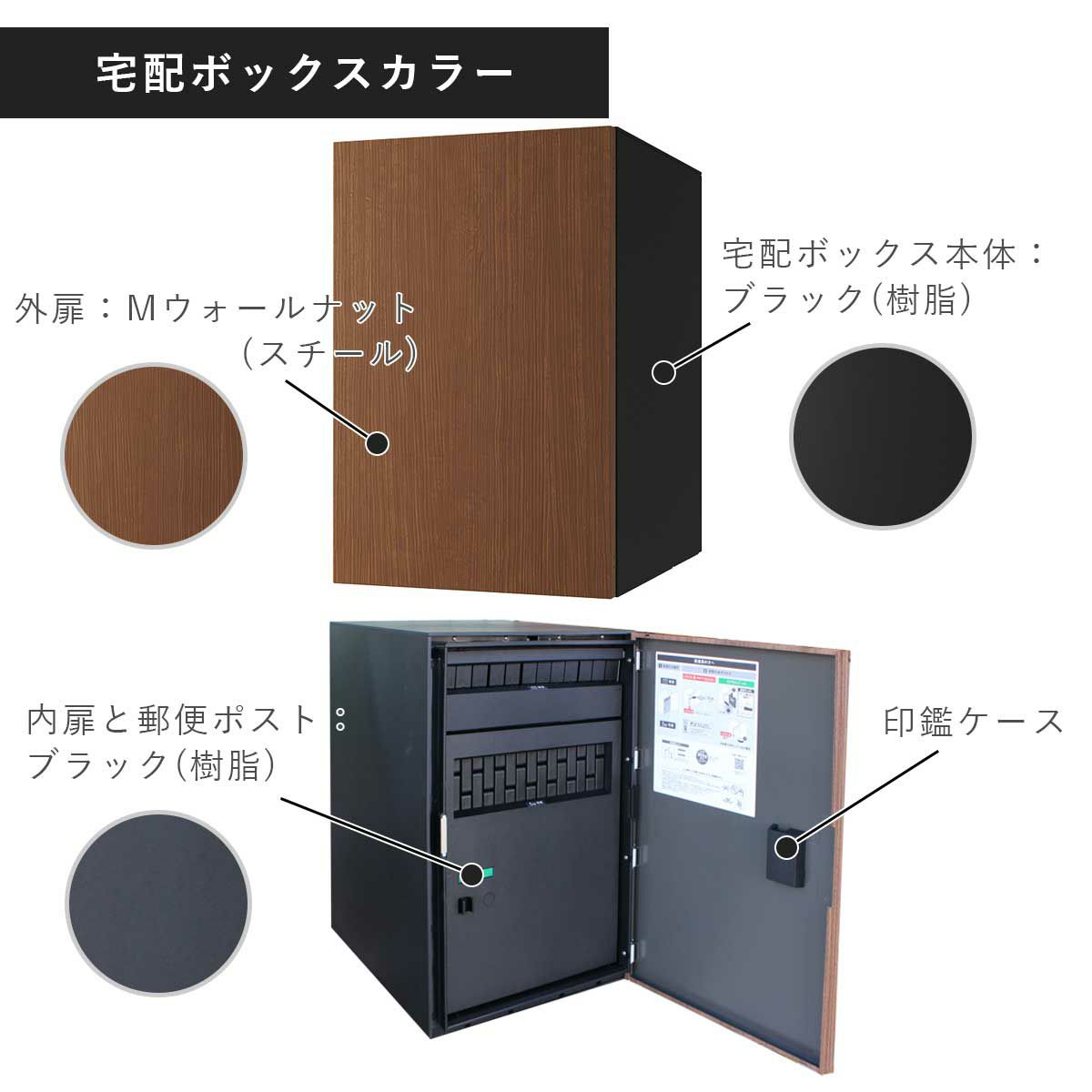 宅配ボックスのカラー。外扉はスチール製で木目調のMウォールナット。宅配ボックス本体は樹脂製でブラック。内扉と郵便ポストは樹脂製でブラックです。