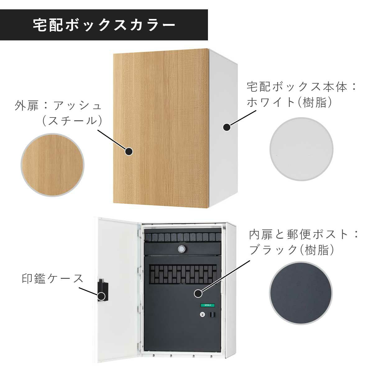 宅配ボックスのカラー。外扉はスチール製で木目調のアッシュ。宅配ボックス本体は樹脂製でホワイト。内扉と郵便ポストは樹脂製でブラックです。