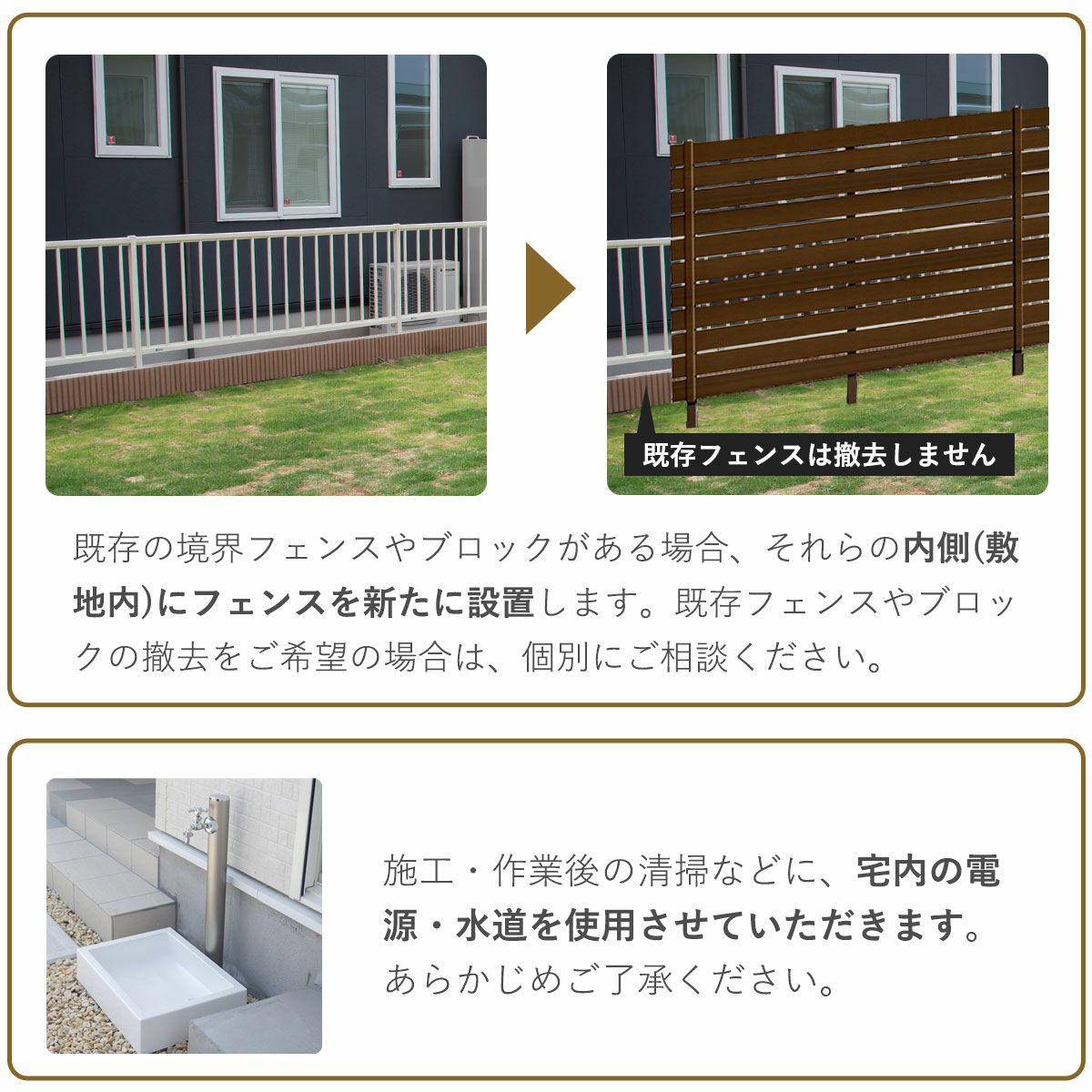 既存の境界フェンスやブロックがある場合、それらの内側（敷地内）にフェンスを新たに設置します。既存フェンスやブロックの撤去はいたしません。工事中は宅内の電源、水道を使用させていただきます。