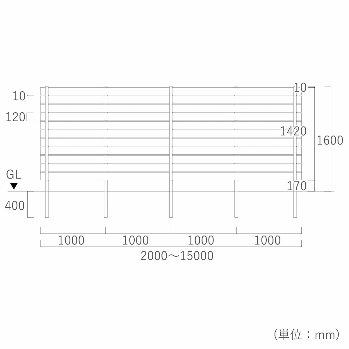 フェンスサイズは横幅約2000～15000mm、高さ2000mm（地中埋込寸法含む）