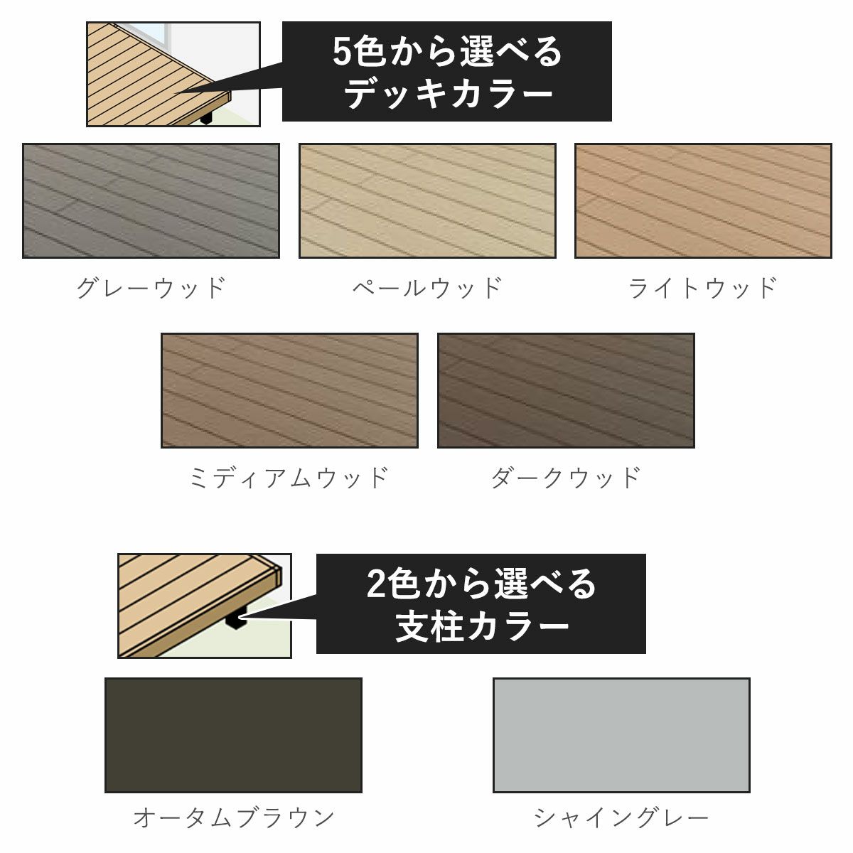 デッキカラーは5色から選択可能。支柱カラーは2色から選択可能。
