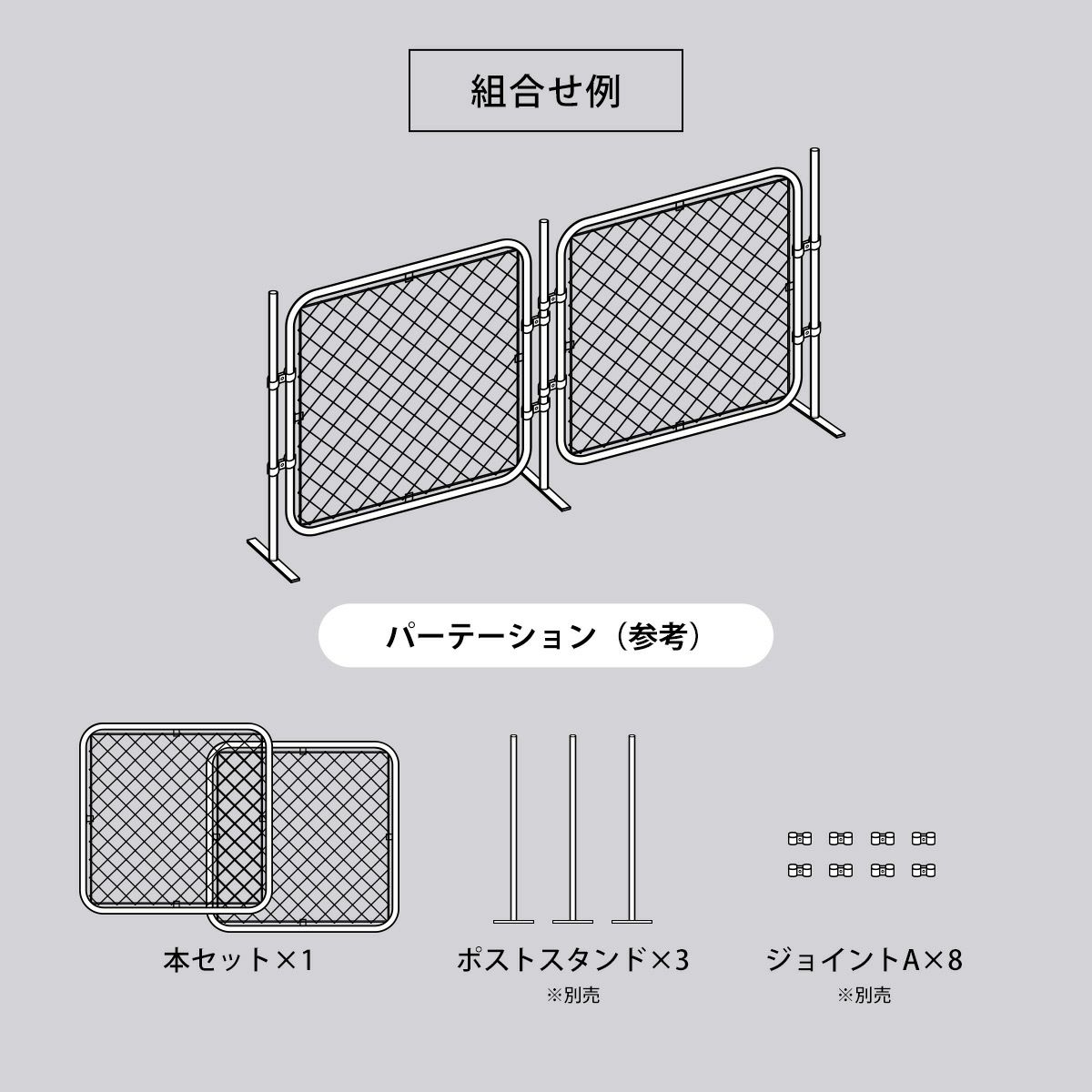 【組合せ例】本セット×1とポストスタンド（別売）×3とジョイントA（別売）×8を組み合わせることにより「パーテーション」が作成できます