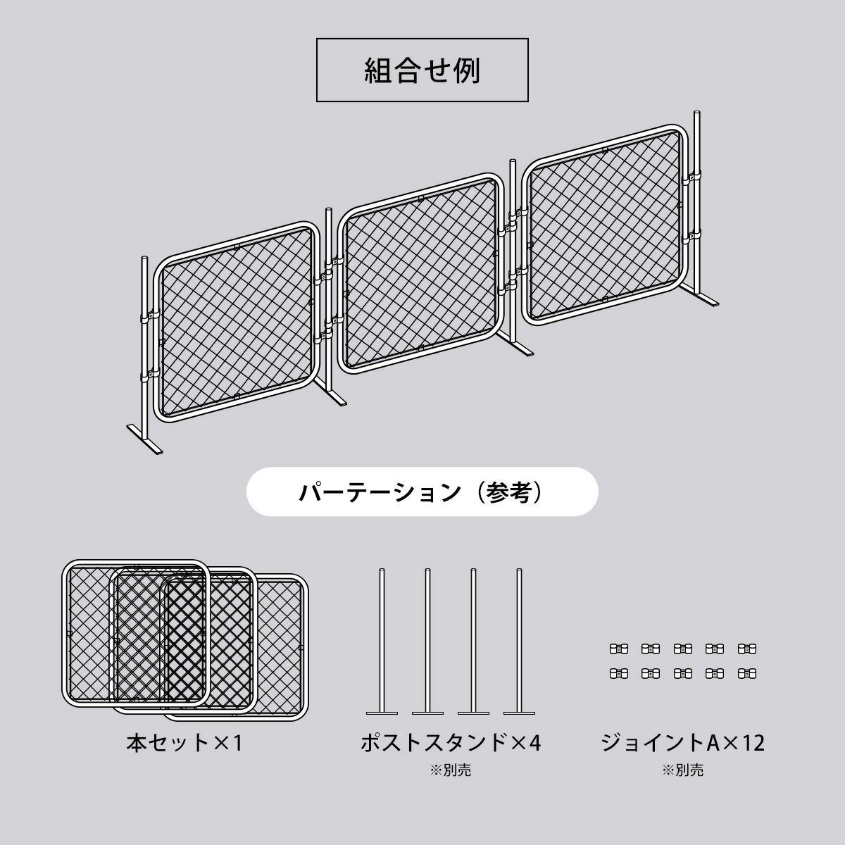 【組合せ例】本セット×1とポストスタンド（別売）×4とジョイントA（別売）×12を組み合わせることにより「パーテーション」が作成できます