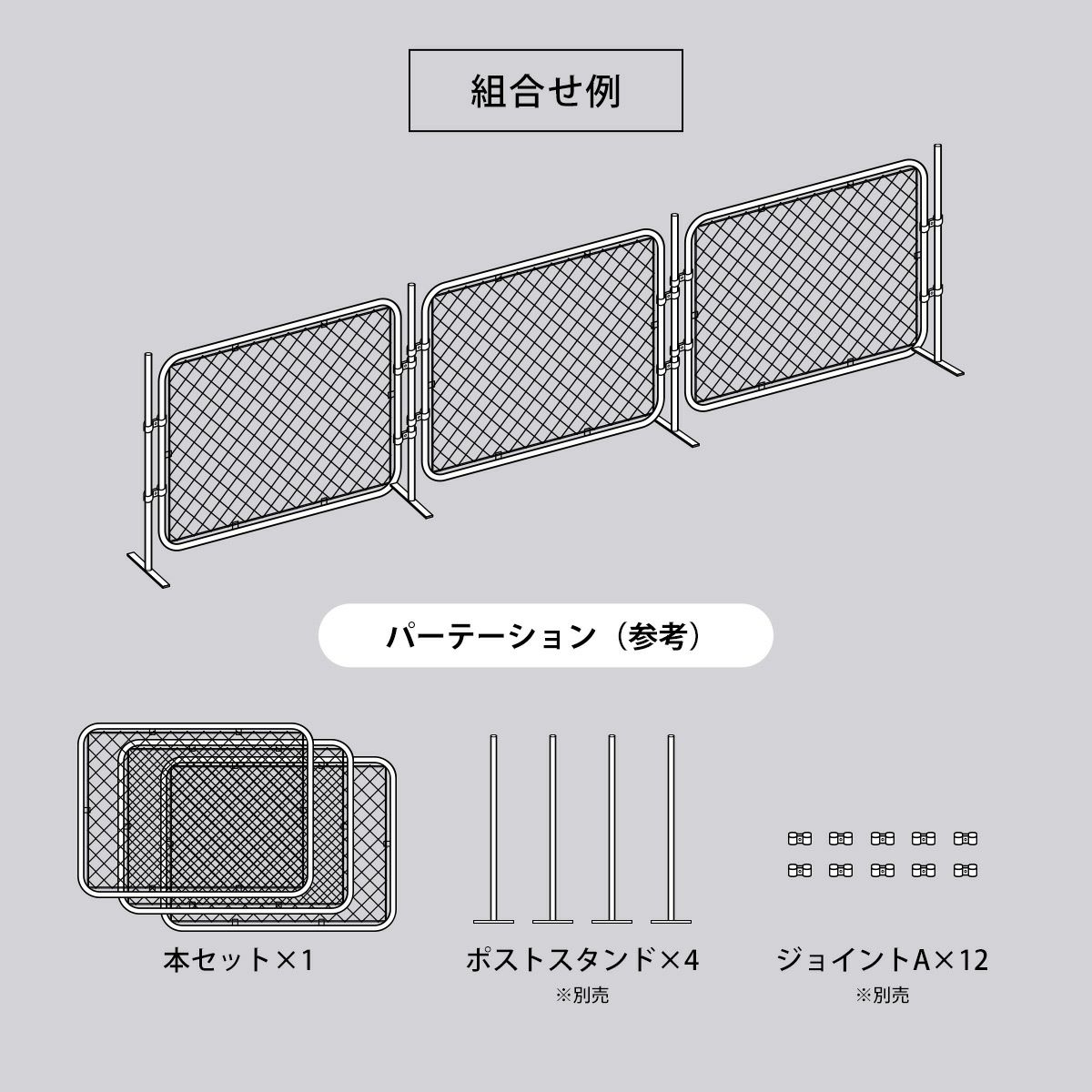本セット×1とポストスタンド（別売）×4とジョイントA（別売）×12を組み合わせることにより「パーテーション」が作成できます