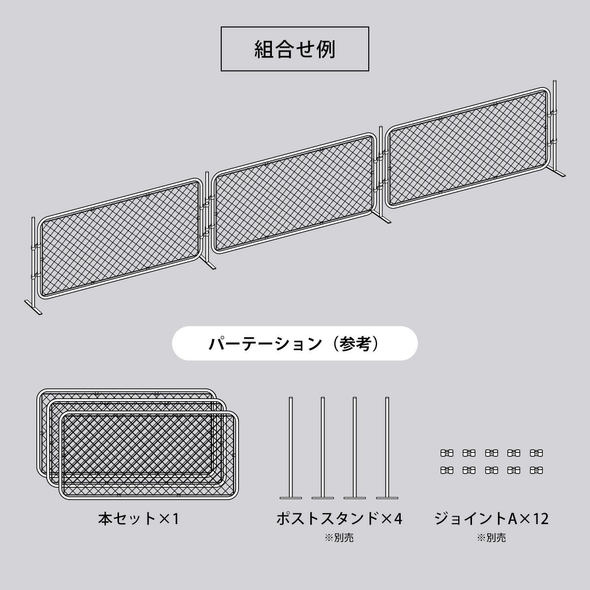 本セット×1とポストスタンド（別売）×4とジョイントA（別売）×12を組み合わせることにより「パーテーション」が作成できます