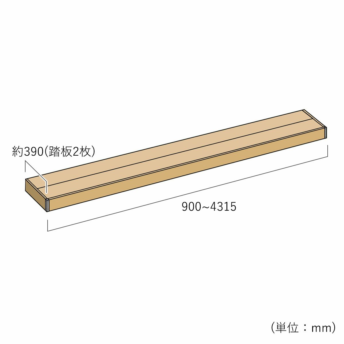 ステップデッキのサイズは幅900mmから4315mm、奥行き約390mm（踏板2枚）です。