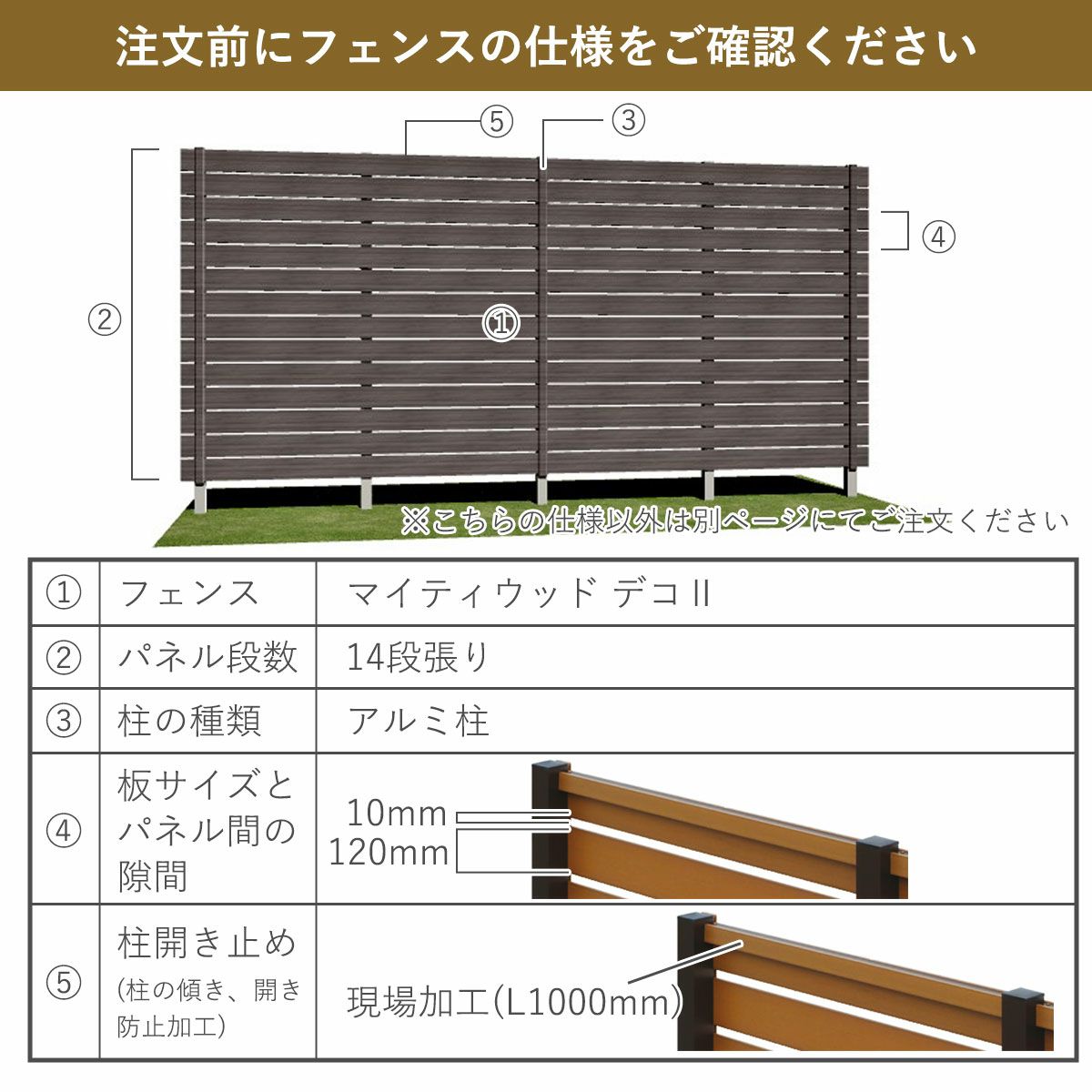 フェンスの仕様。商品名はマイティウッド デコ2。パネルの段数は14段張り、柱の種類はアルミ柱。板1枚の高さは120mm、板と板の隙間は10mm、柱の開き止めは現場加工。